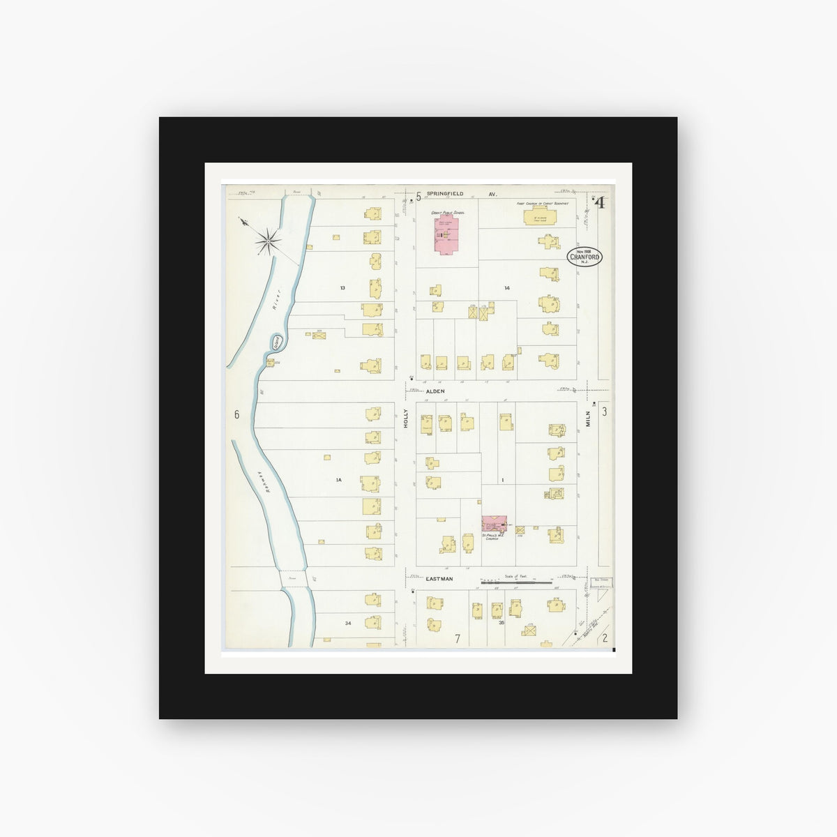 Old map wall art mockup — black gallery frame with white mat — Sanborn Fire Insurance Map from Cranford, Union County, New Jersey (1908), Sheet #0004