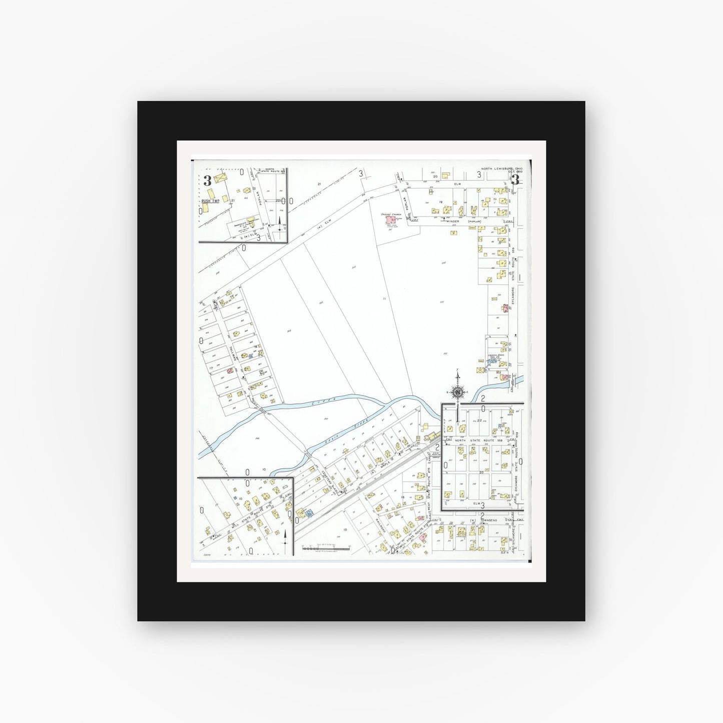 Old map wall art mockup — black gallery frame with white mat — Sanborn Fire Insurance Map from North Lewisburg, Champaign County, Ohio (1950), Sheet #0003