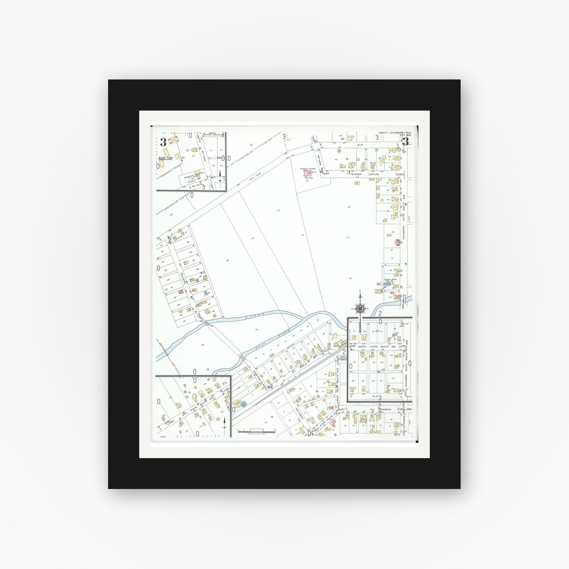 Old map wall art mockup — black gallery frame with white mat — Sanborn Fire Insurance Map from North Lewisburg, Champaign County, Ohio (1950), Sheet #0003