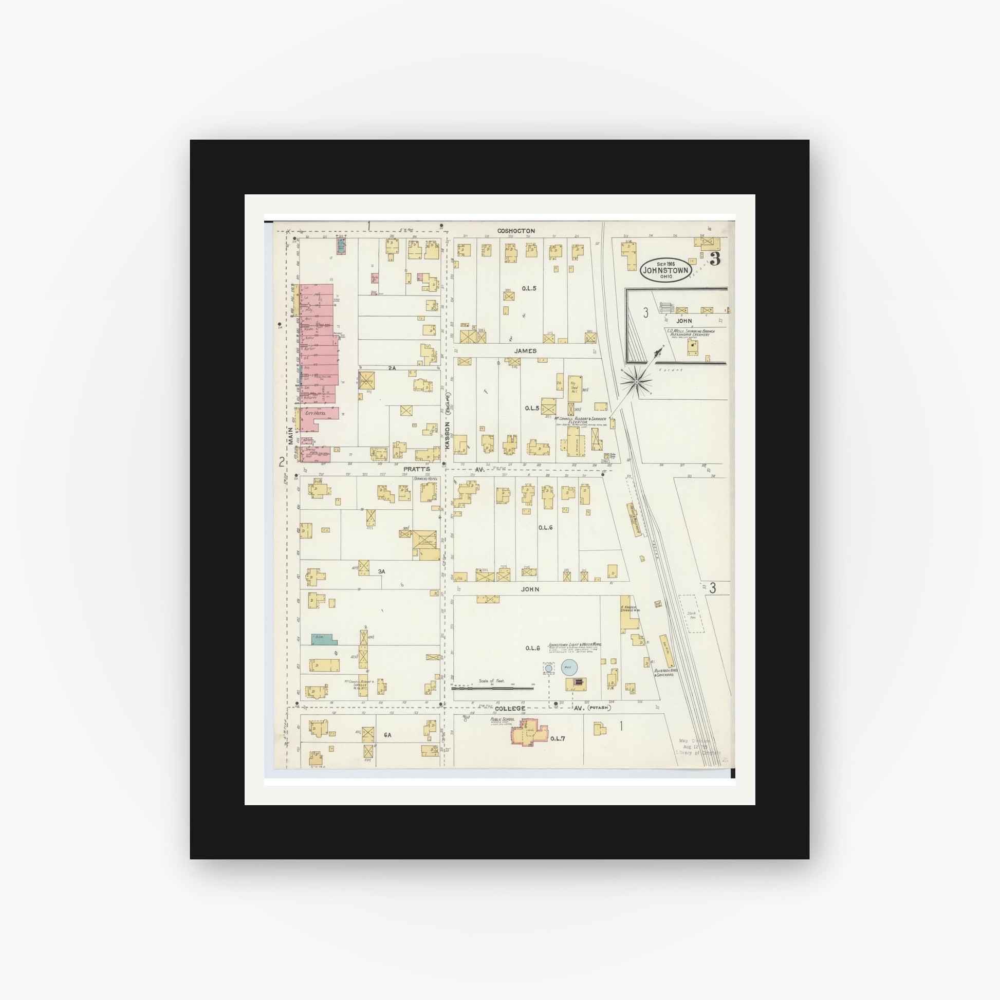 Old map wall art mockup — black gallery frame with white mat — Sanborn Fire Insurance Map from Johnstown, Licking County, Ohio (1905), Sheet #0003