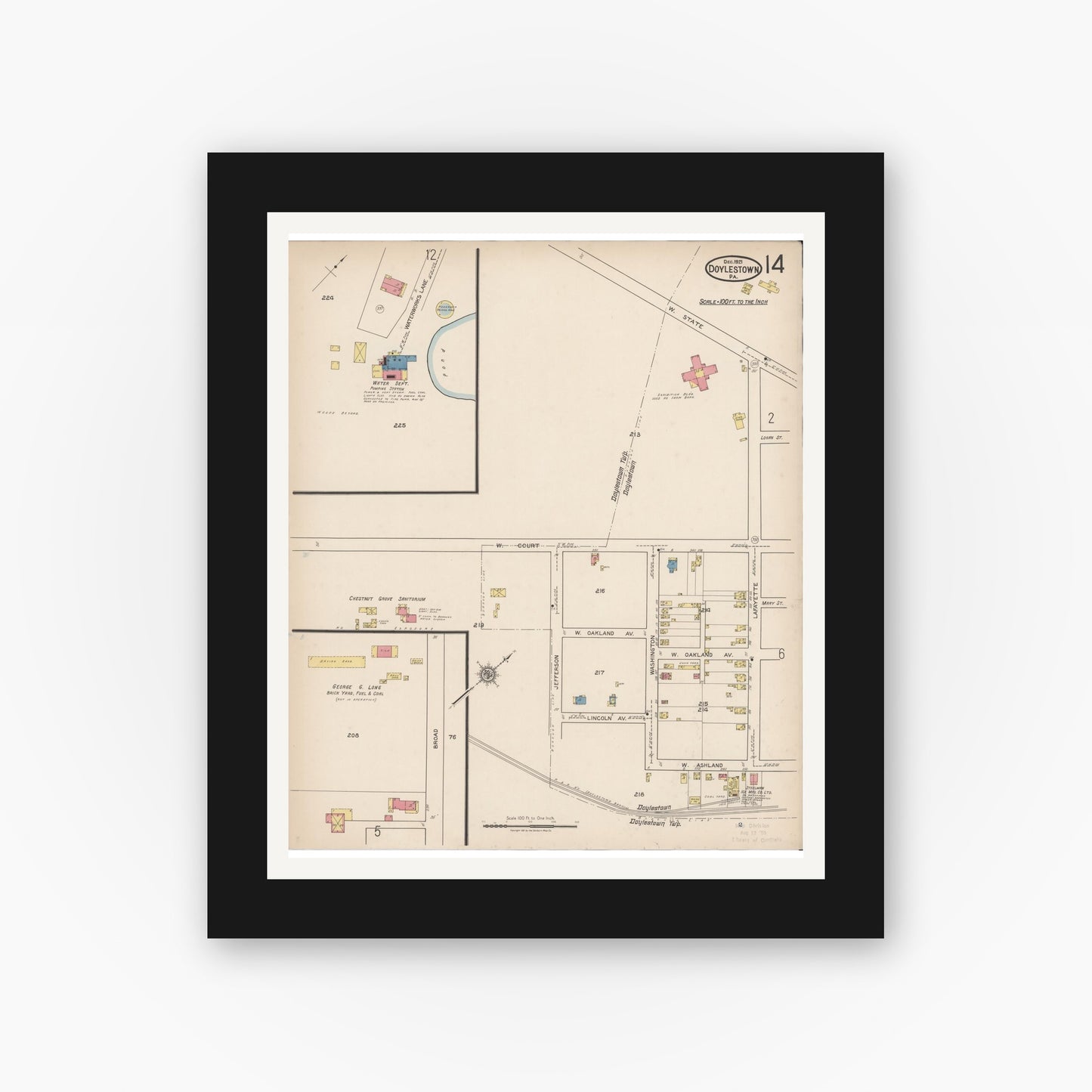 Old map wall art mockup — black gallery frame with white mat — Sanborn Fire Insurance Map from Doylestown, Bucks County, Pennsylvania (1922), Sheet #0014