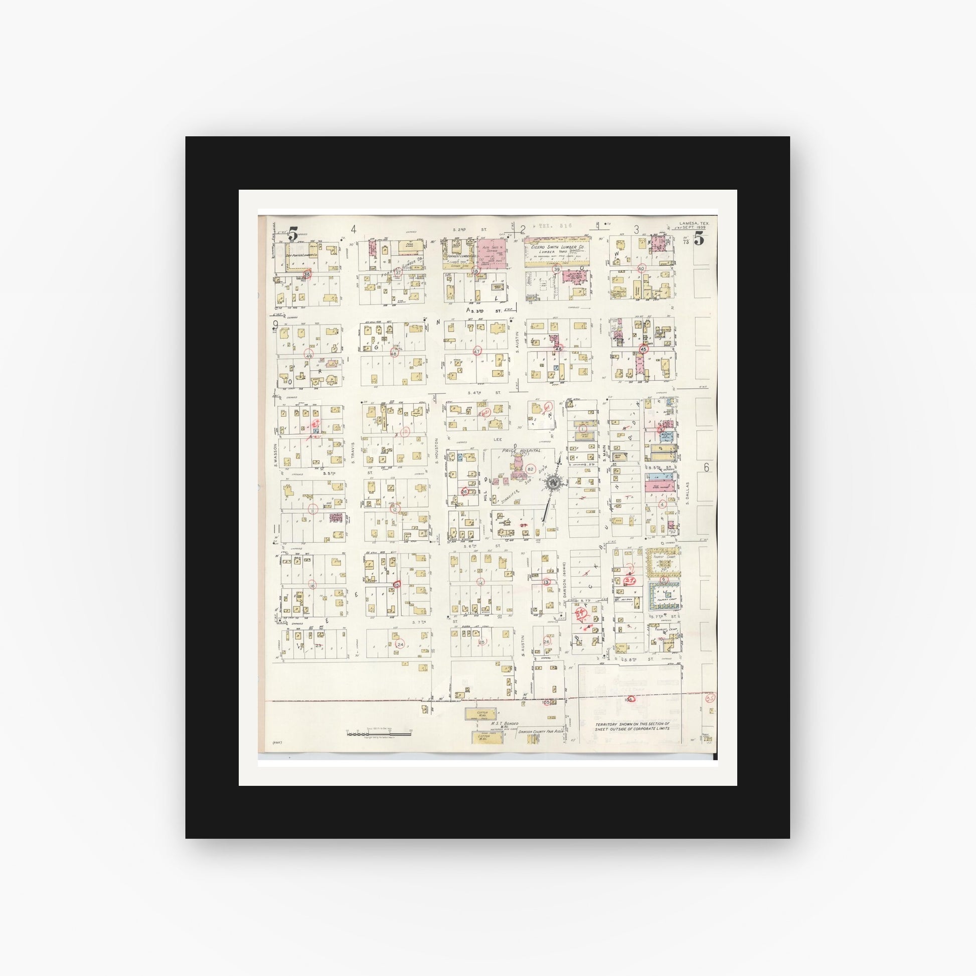 Old map wall art mockup — black gallery frame with white mat — Sanborn Fire Insurance Map from Lamesa, Dawson County, Texas (1948), Sheet #0005