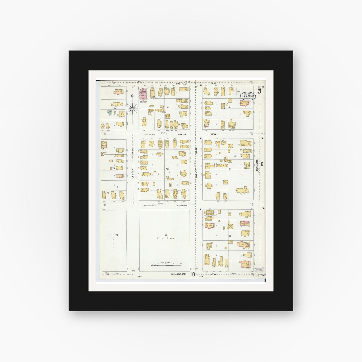 Old map wall art mockup — black gallery frame with white mat — Sanborn Fire Insurance Map from Lansing, Ingham County, Michigan (1906), Sheet #0005