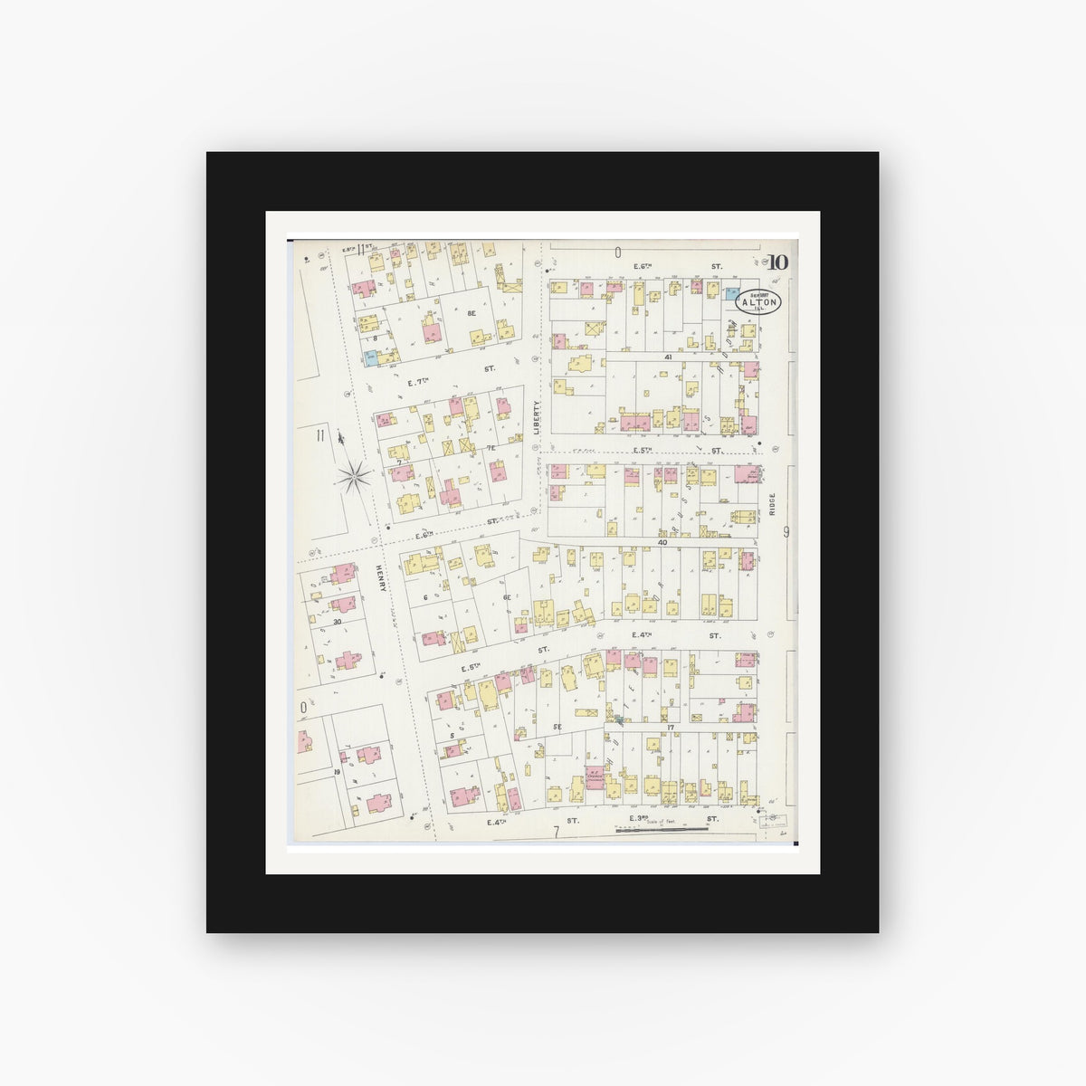 Old map wall art mockup — black gallery frame with white mat — Sanborn Fire Insurance Map from Alton, Madison County, Illinois (1897), Sheet #0010
