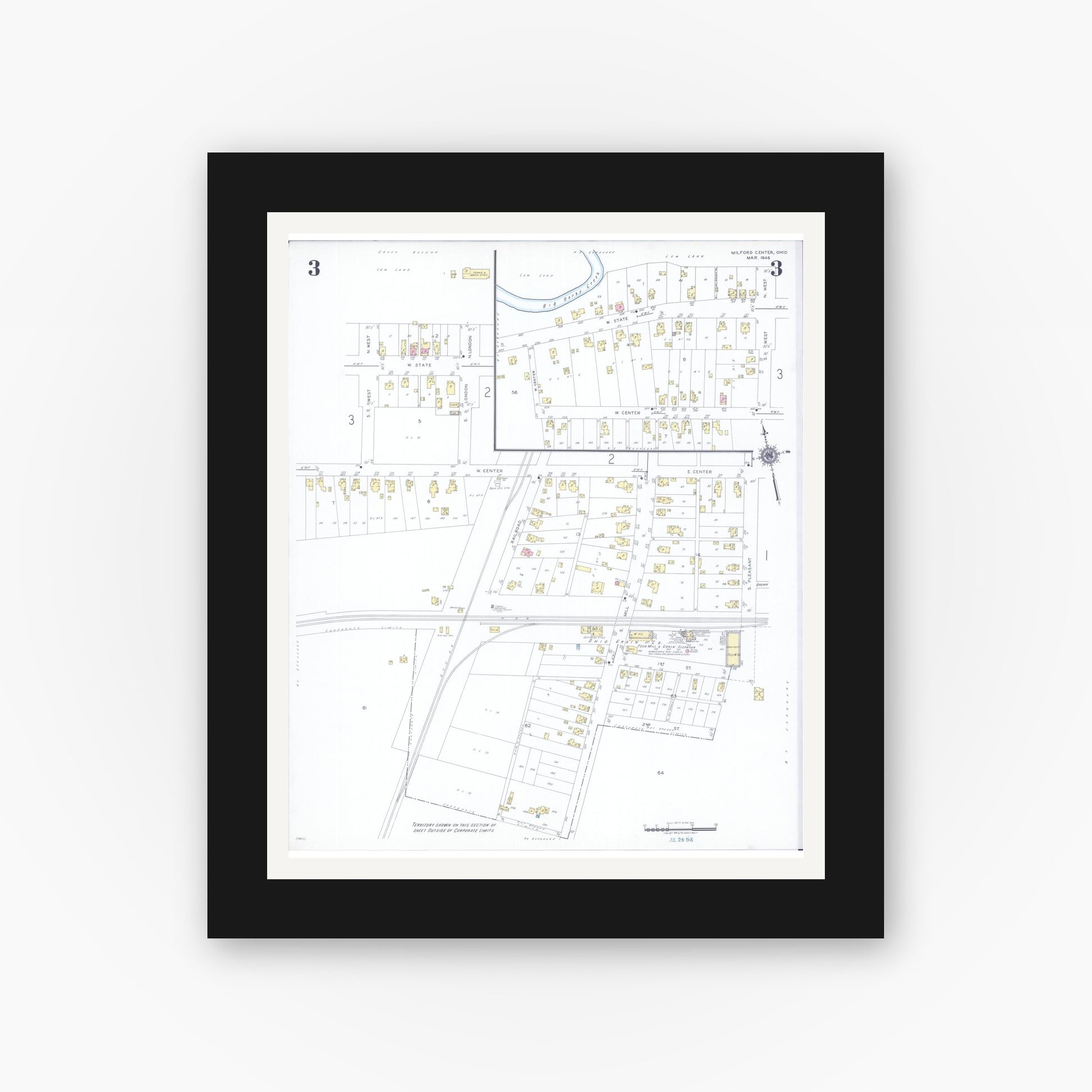 Old map wall art mockup — black gallery frame with white mat — Sanborn Fire Insurance Map from Milford Center, Union County, Ohio (1946), Sheet #0003