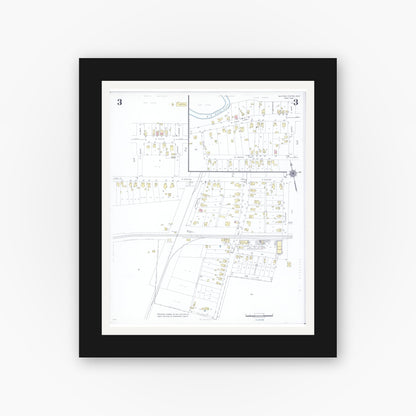 Old map wall art mockup — black gallery frame with white mat — Sanborn Fire Insurance Map from Milford Center, Union County, Ohio (1946), Sheet #0003