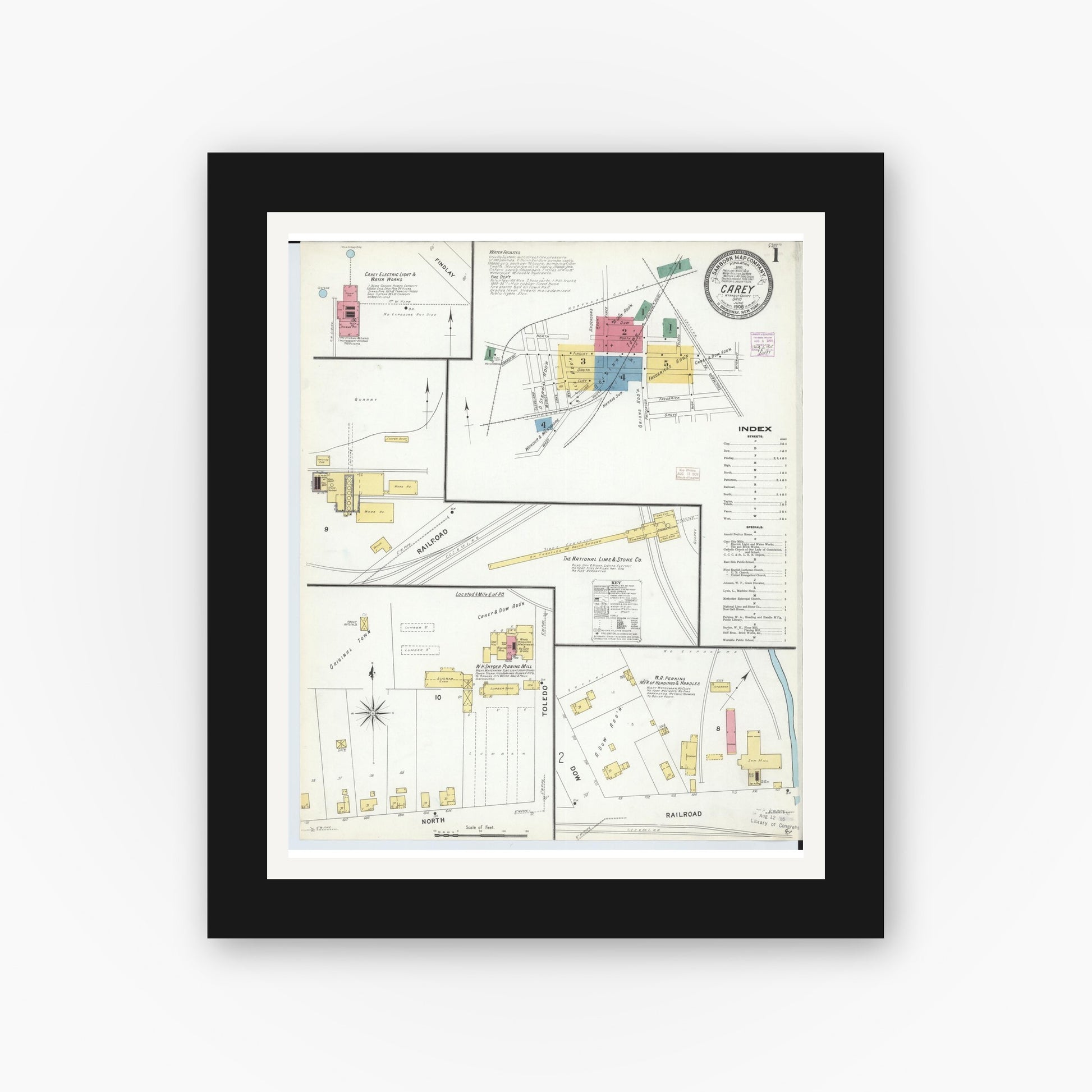Old map wall art mockup — black gallery frame with white mat — Sanborn Fire Insurance Map from Carey, Wyandot County, Ohio (1908), Sheet #0001