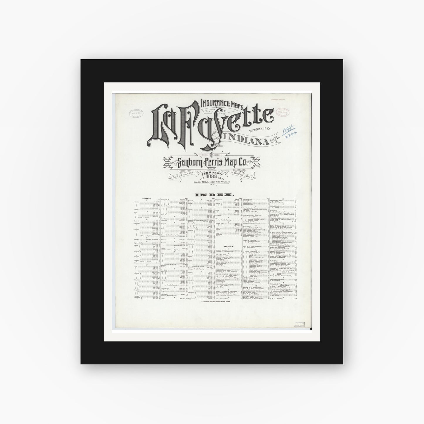 Old map wall art mockup — black gallery frame with white mat — Sanborn Fire Insurance Map from Lafayette, Tippecanoe County, Indiana (1899), Sheet #0001