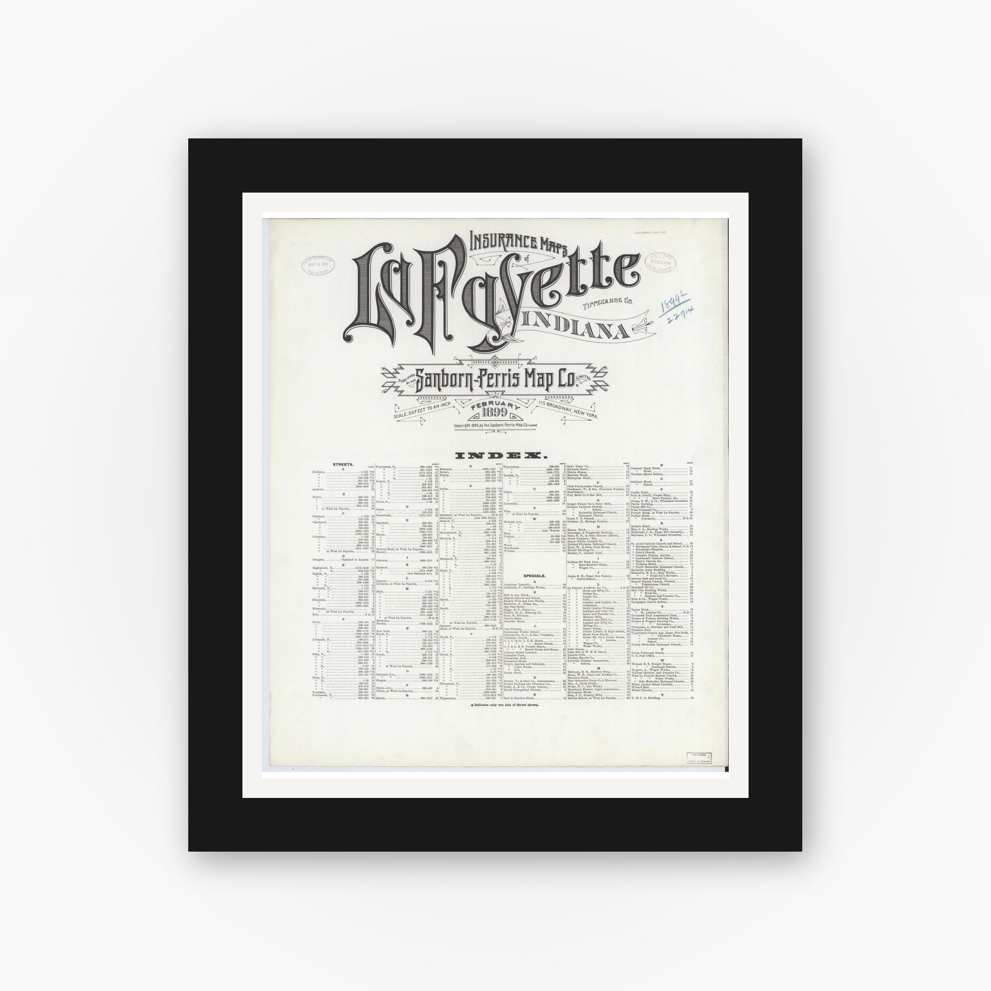 Old map wall art mockup — black gallery frame with white mat — Sanborn Fire Insurance Map from Lafayette, Tippecanoe County, Indiana (1899), Sheet #0001
