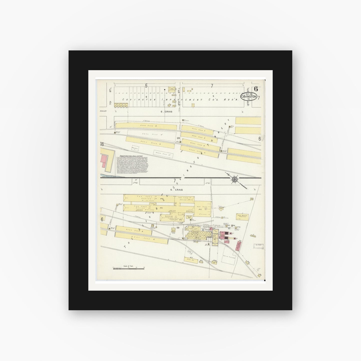 Old map wall art mockup — black gallery frame with white mat — Sanborn Fire Insurance Map from Covington, Independent Cities, Virginia (1913), Sheet #0006
