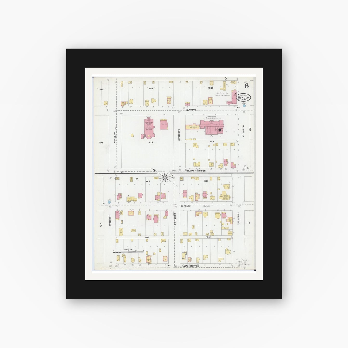 Old map wall art mockup — black gallery frame with white mat — Sanborn Fire Insurance Map from New Ulm, Brown County, Minnesota (1905), Sheet #0006
