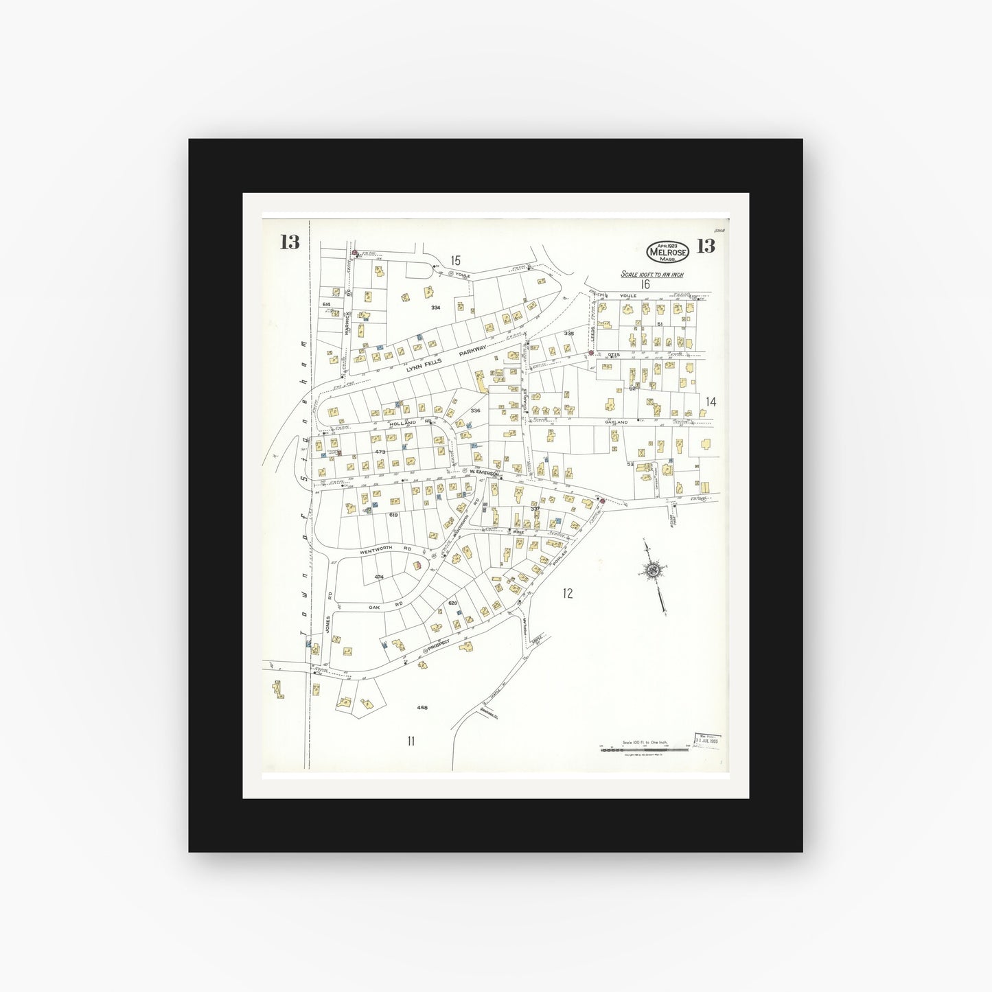 Old map wall art mockup — black gallery frame with white mat — Sanborn Fire Insurance Map from Melrose, Middlesex County, Massachusetts (1923), Sheet #0013