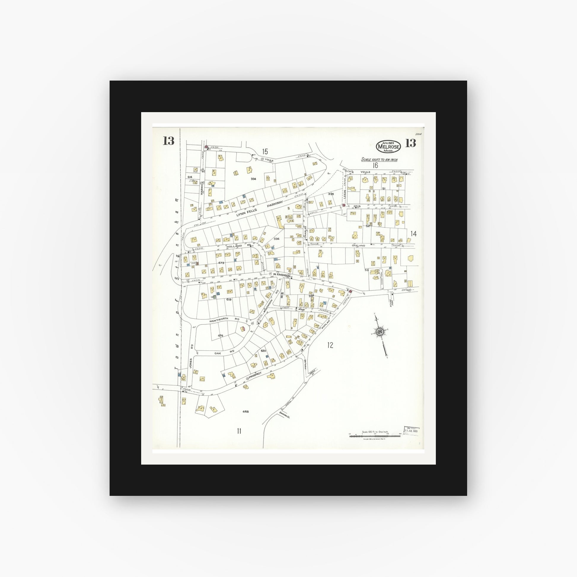 Old map wall art mockup — black gallery frame with white mat — Sanborn Fire Insurance Map from Melrose, Middlesex County, Massachusetts (1923), Sheet #0013