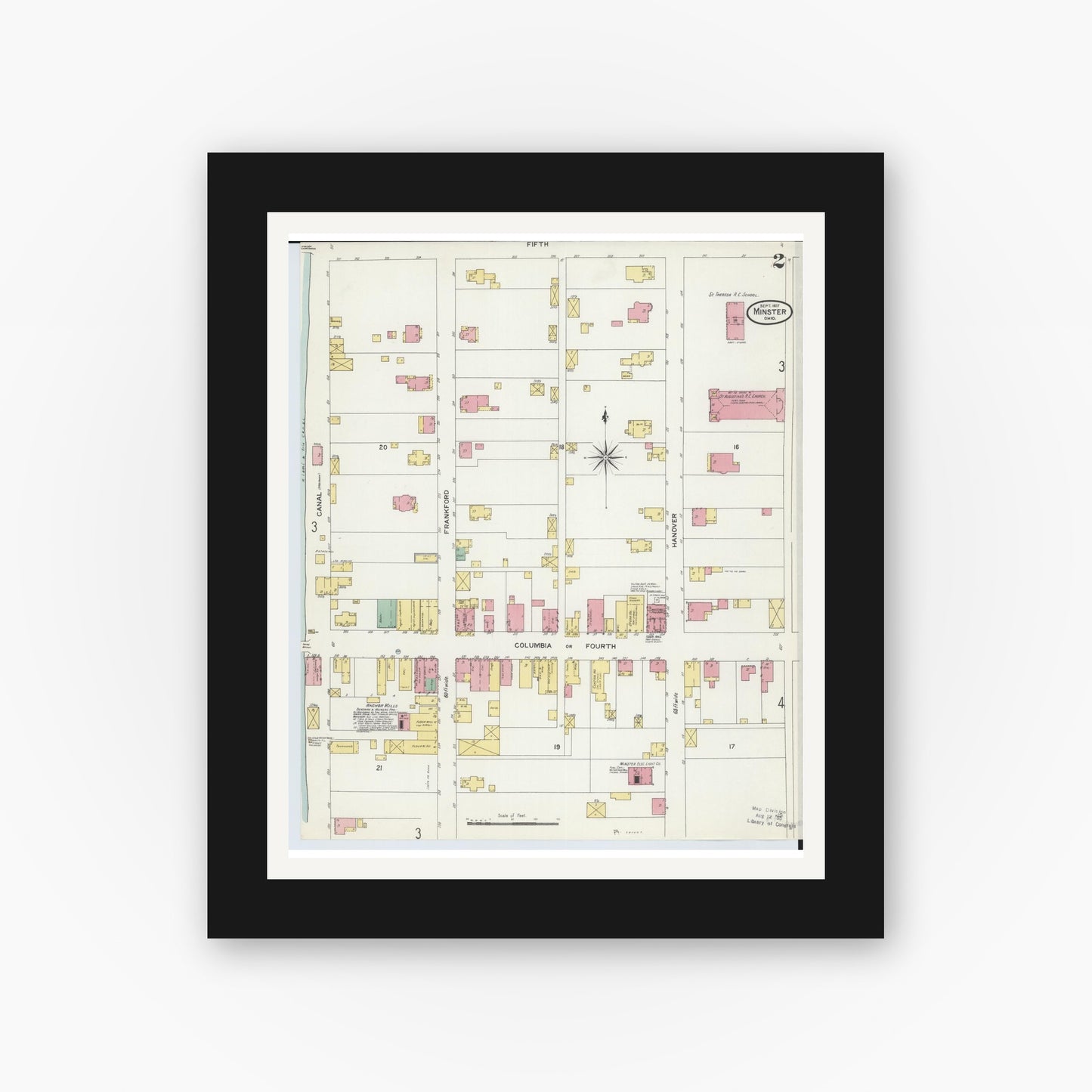 Old map wall art mockup — black gallery frame with white mat — Sanborn Fire Insurance Map from Minster, Auglaize County, Ohio (1907), Sheet #0002