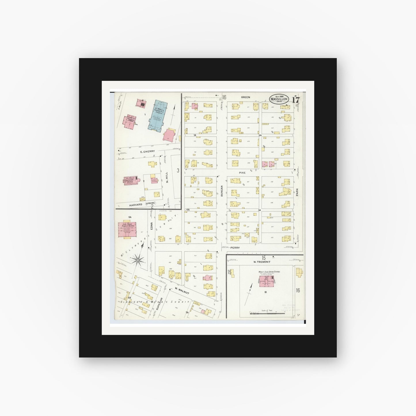 Old map wall art mockup — black gallery frame with white mat — Sanborn Fire Insurance Map from Massillon, Stark County, Ohio (1908), Sheet #0017