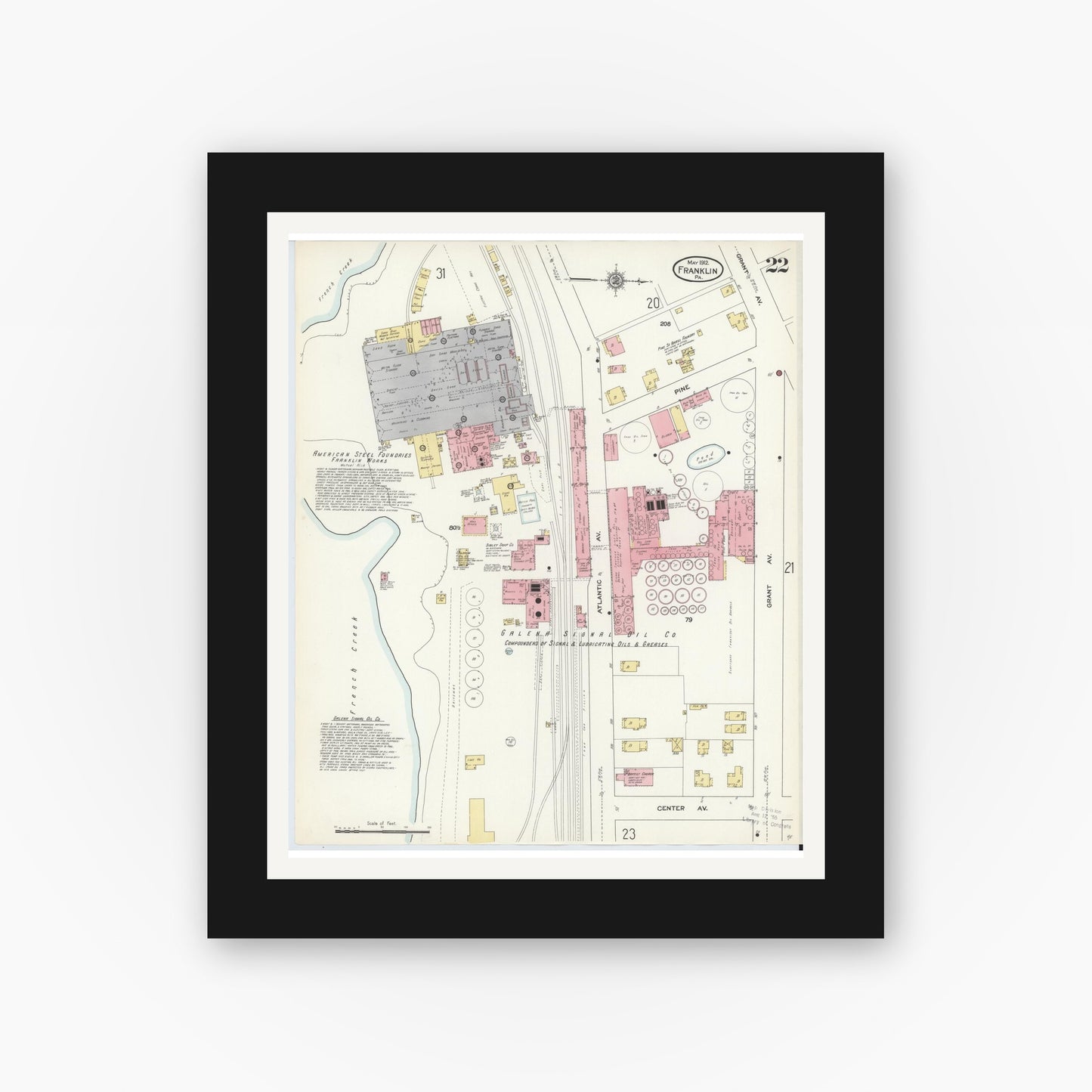 Old map wall art mockup — black gallery frame with white mat — Sanborn Fire Insurance Map from Franklin, Venango County, Pennsylvania (1912), Sheet #0022