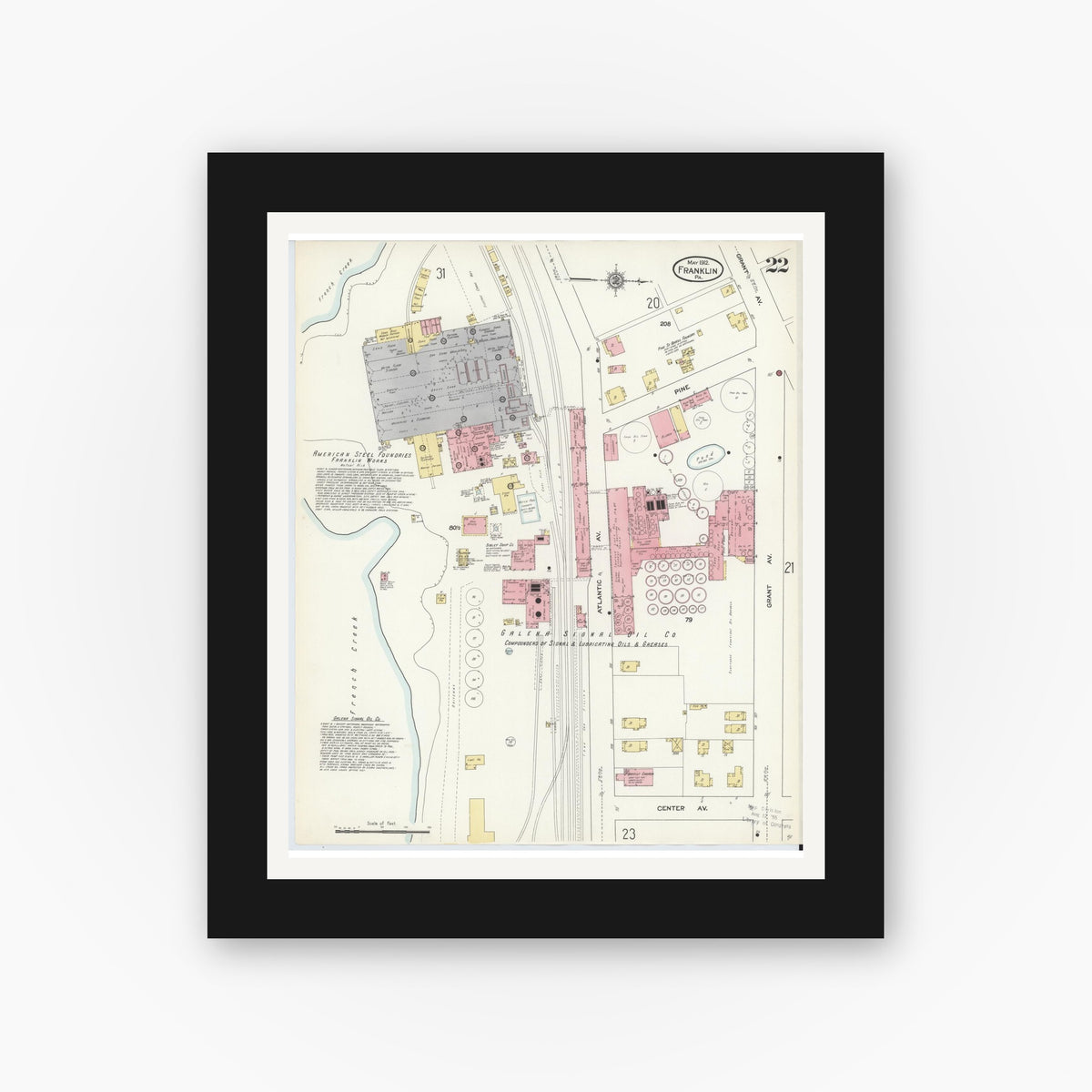 Old map wall art mockup — black gallery frame with white mat — Sanborn Fire Insurance Map from Franklin, Venango County, Pennsylvania (1912), Sheet #0022