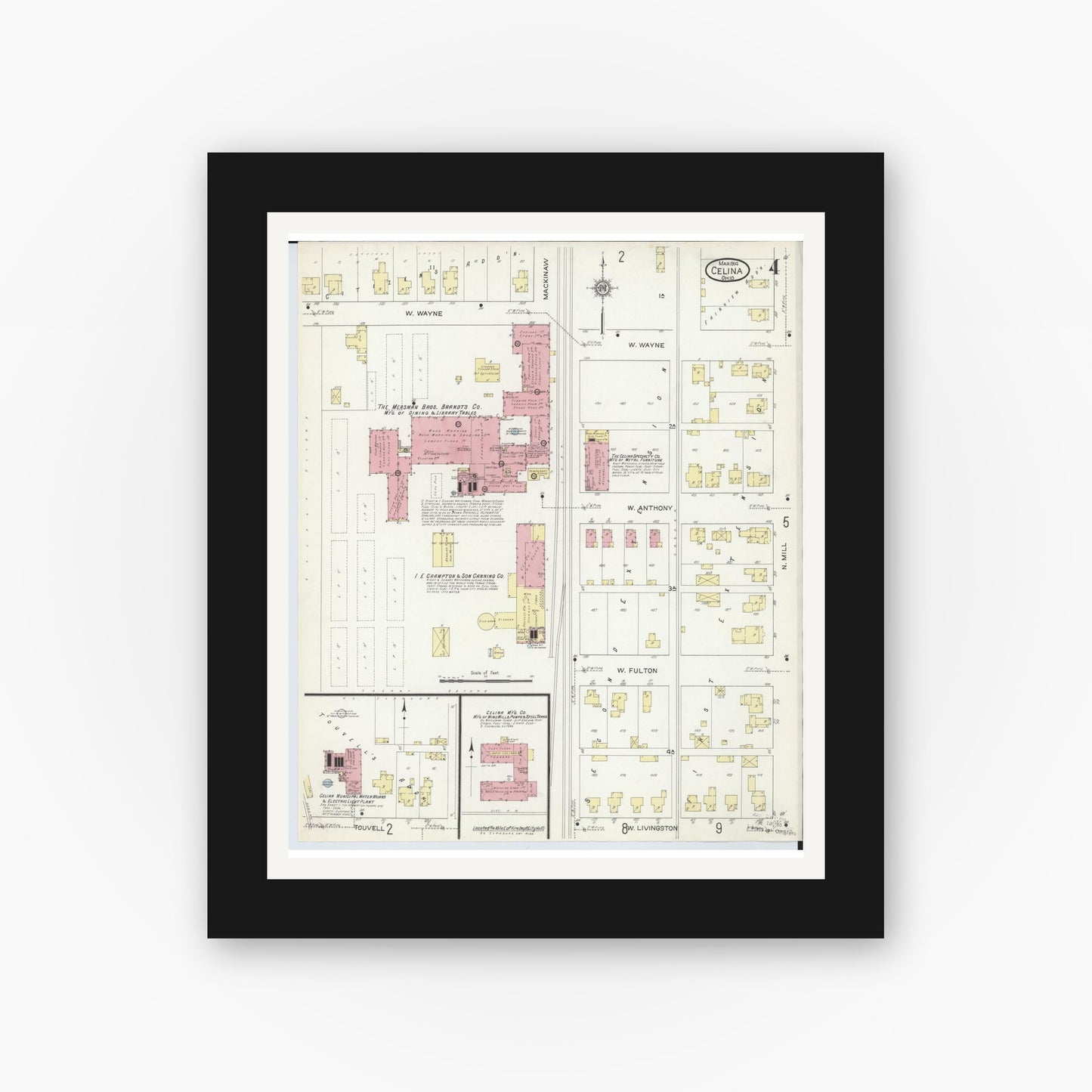 Old map wall art mockup — black gallery frame with white mat — Sanborn Fire Insurance Map from Celina, Mercer County, Ohio (1914), Sheet #0004