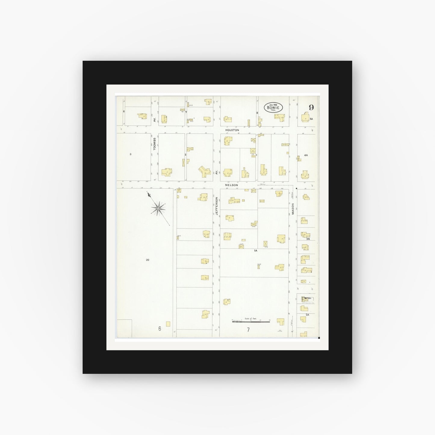 Old map wall art mockup — black gallery frame with white mat — Sanborn Fire Insurance Map from Bowie, Montague County, Texas (1908), Sheet #0009