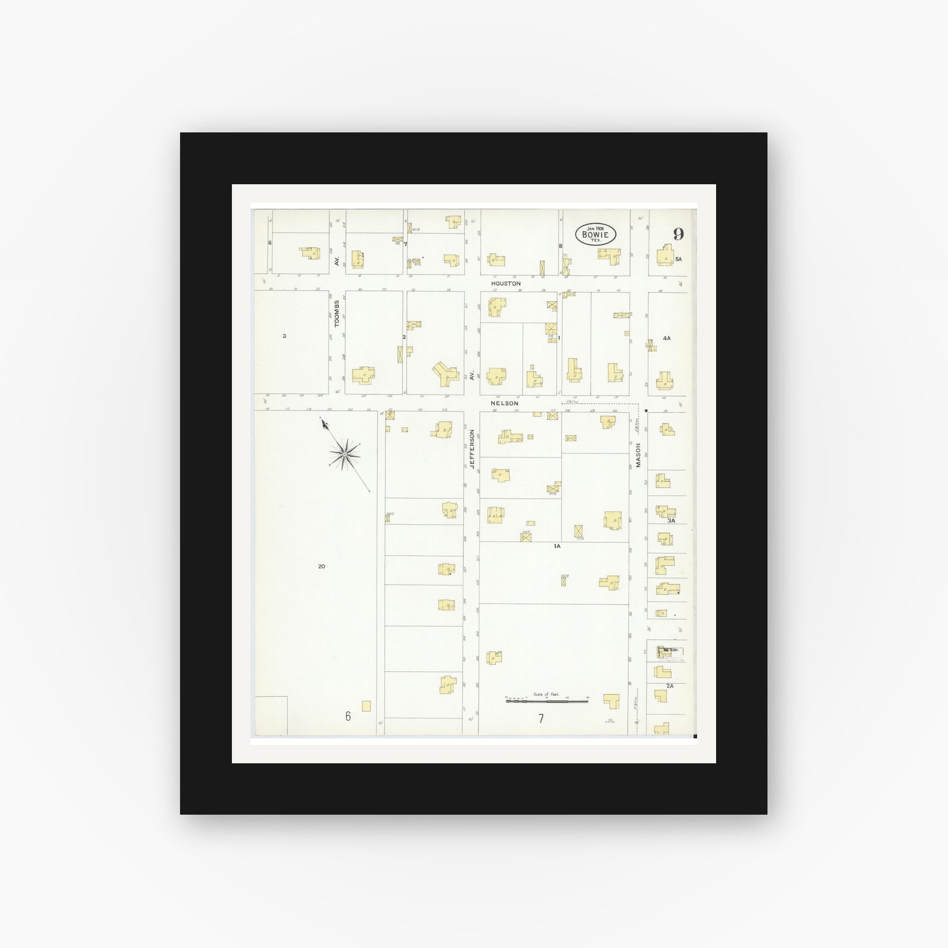 Old map wall art mockup — black gallery frame with white mat — Sanborn Fire Insurance Map from Bowie, Montague County, Texas (1908), Sheet #0009