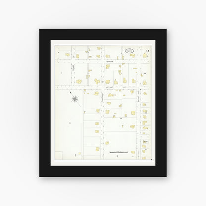 Old map wall art mockup — black gallery frame with white mat — Sanborn Fire Insurance Map from Bowie, Montague County, Texas (1908), Sheet #0009