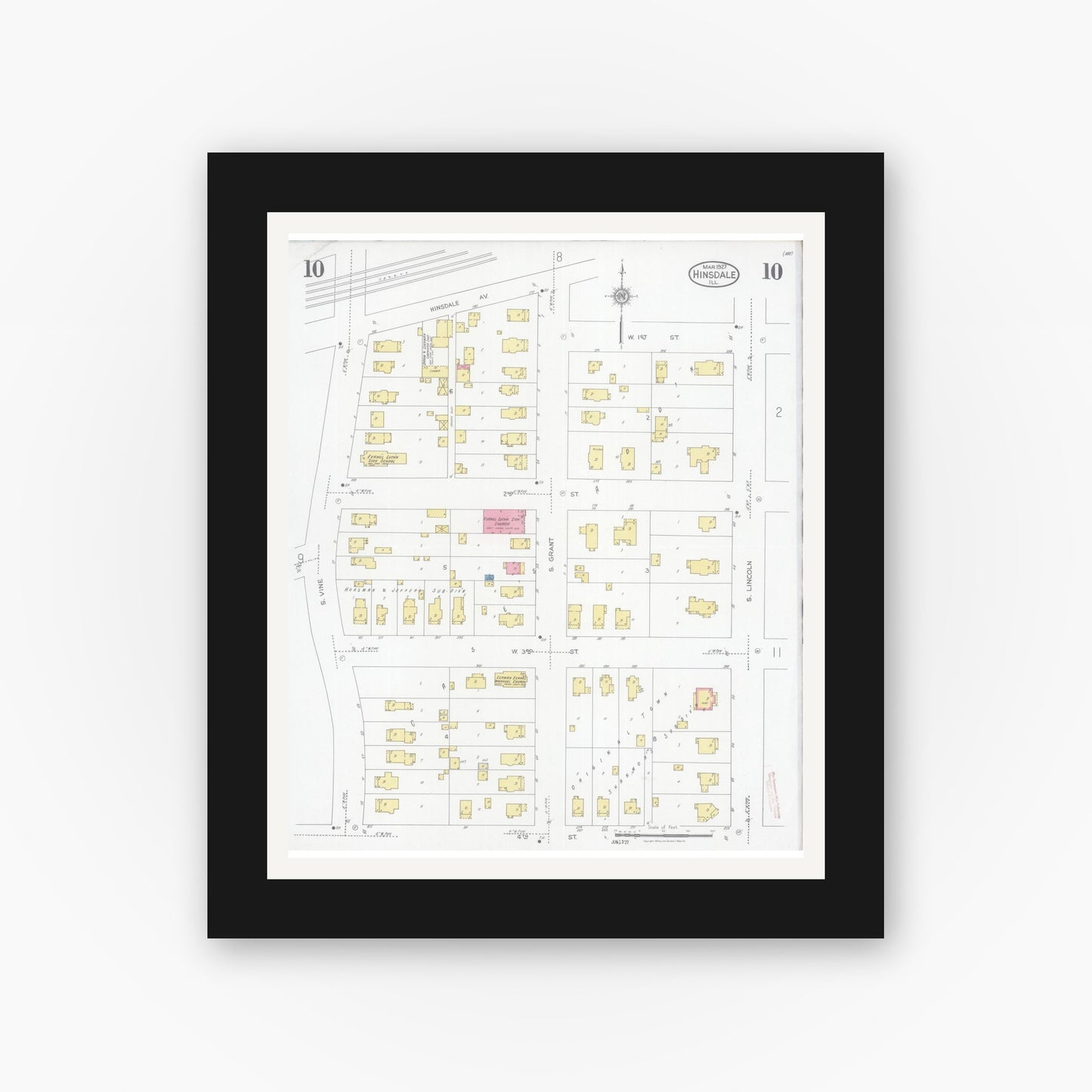 Old map wall art mockup — black gallery frame with white mat — Sanborn Fire Insurance Map from Hinsdale, Du Page And Cook Counties, Illinois (1927), Sheet #0010