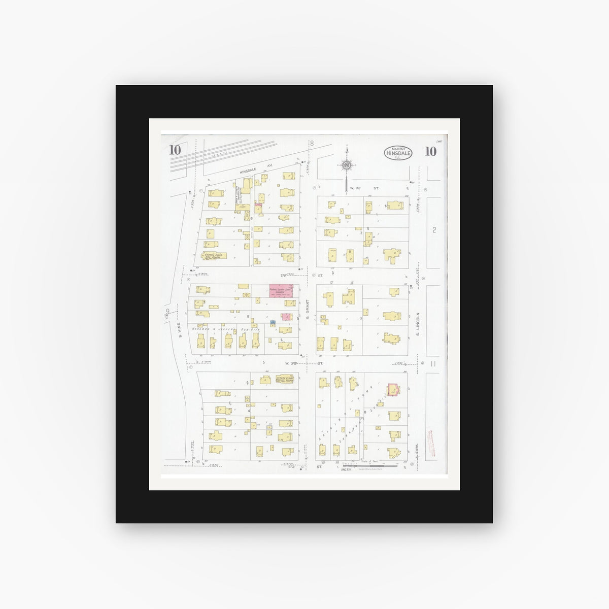 Old map wall art mockup — black gallery frame with white mat — Sanborn Fire Insurance Map from Hinsdale, Du Page And Cook Counties, Illinois (1927), Sheet #0010