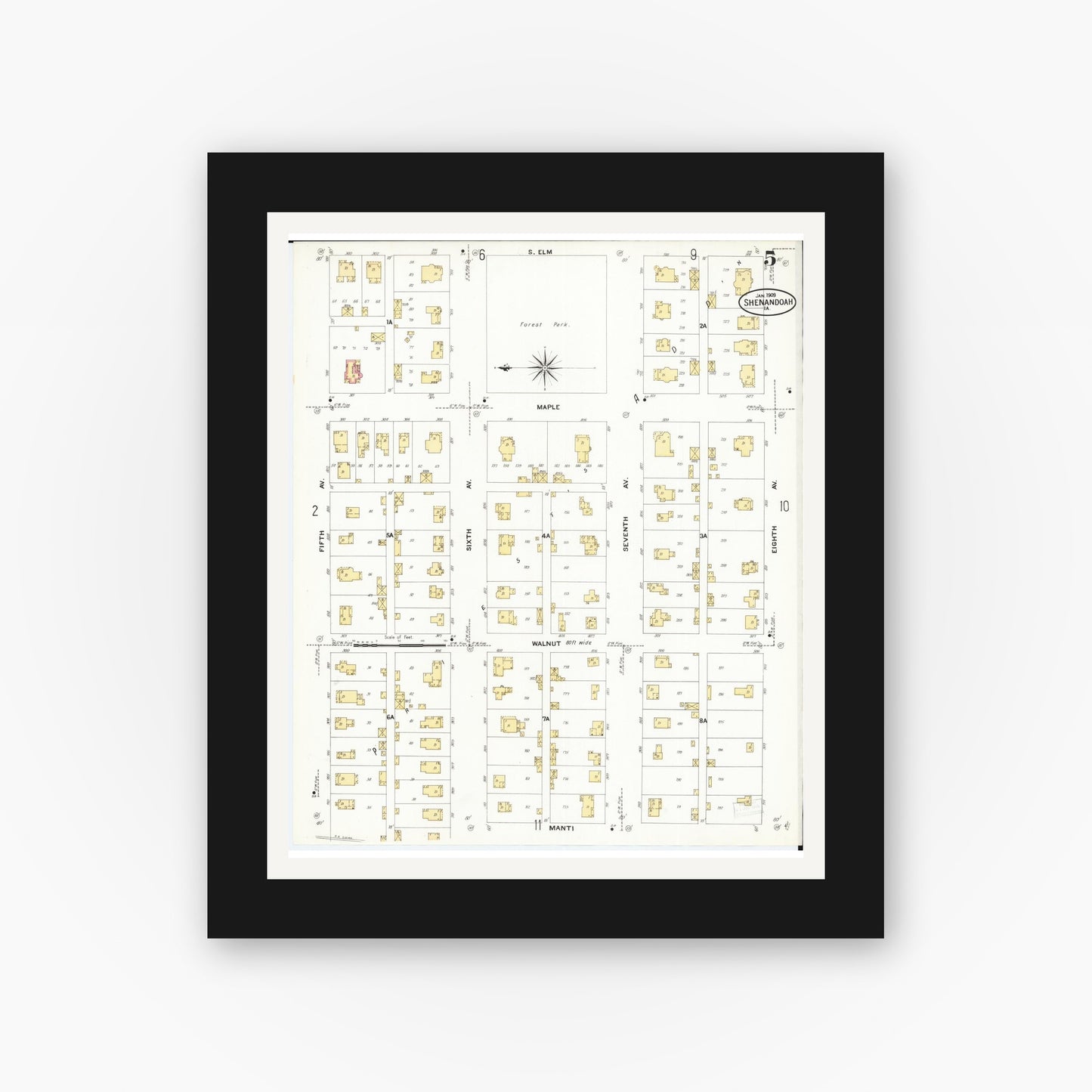 Old map wall art mockup — black gallery frame with white mat — Sanborn Fire Insurance Map from Shenandoah, Page County, Iowa (1909), Sheet #0005
