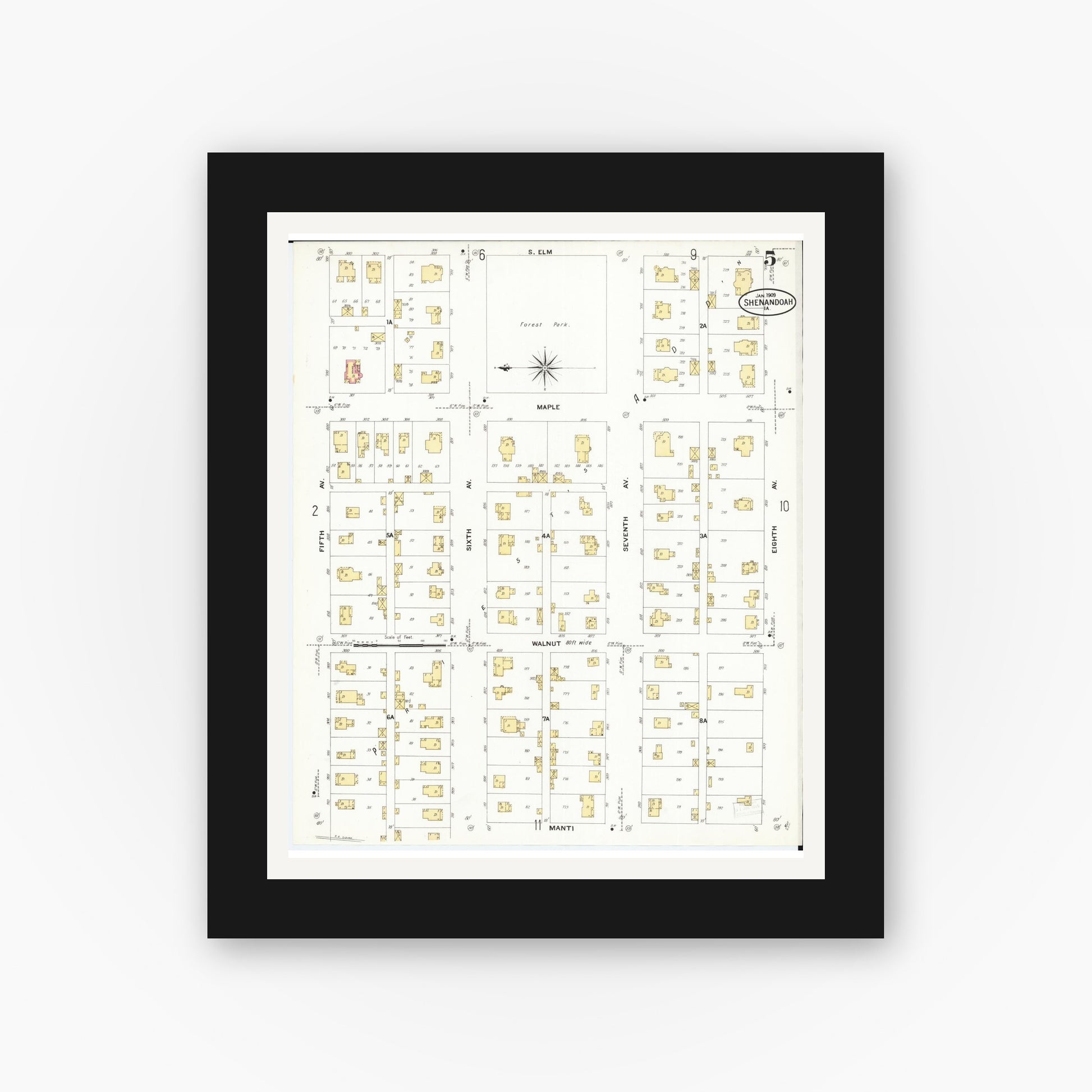 Old map wall art mockup — black gallery frame with white mat — Sanborn Fire Insurance Map from Shenandoah, Page County, Iowa (1909), Sheet #0005