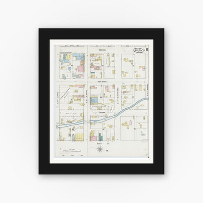 Old map wall art mockup — black gallery frame with white mat — Sanborn Fire Insurance Map from Austin, Travis County, Texas (1889), Sheet #0008