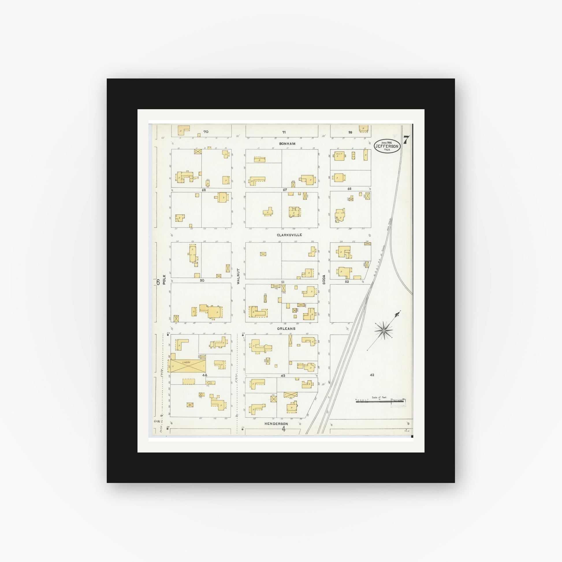 Old map wall art mockup — black gallery frame with white mat — Sanborn Fire Insurance Map from Jefferson, Marion County, Texas (1906), Sheet #0007