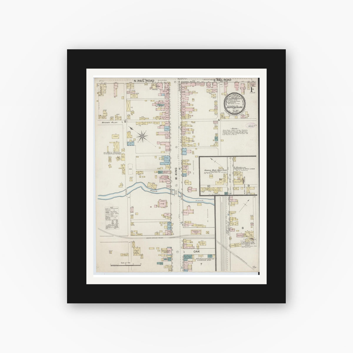 Old map wall art mockup — black gallery frame with white mat — Sanborn Fire Insurance Map from Shippensburg, Cumberland And Franklin Counties, Pennsylvania (1887), Sheet #0001