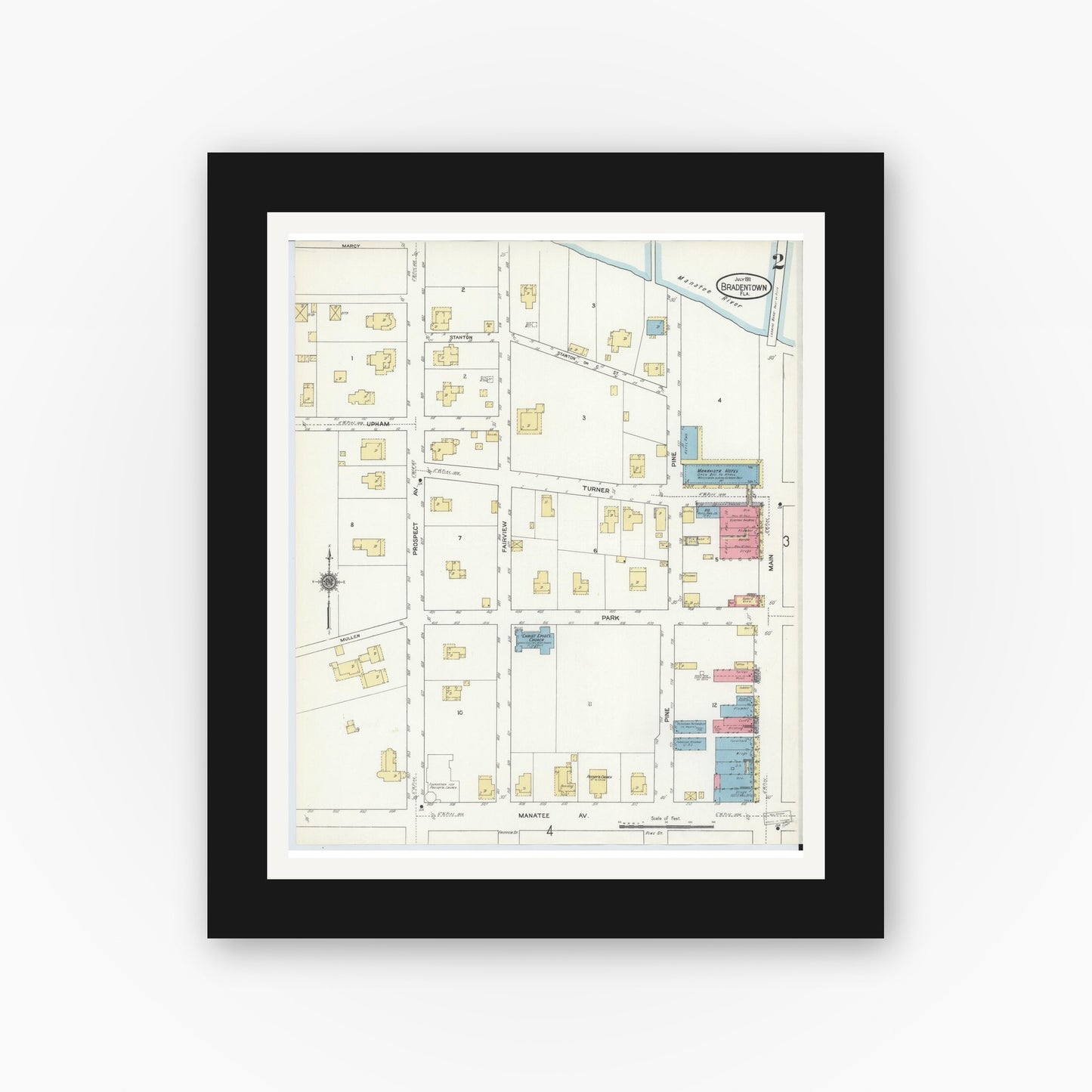 Old map wall art mockup — black gallery frame with white mat — Sanborn Fire Insurance Map from Bradentown, Manatee County, Florida (1911), Sheet #0002