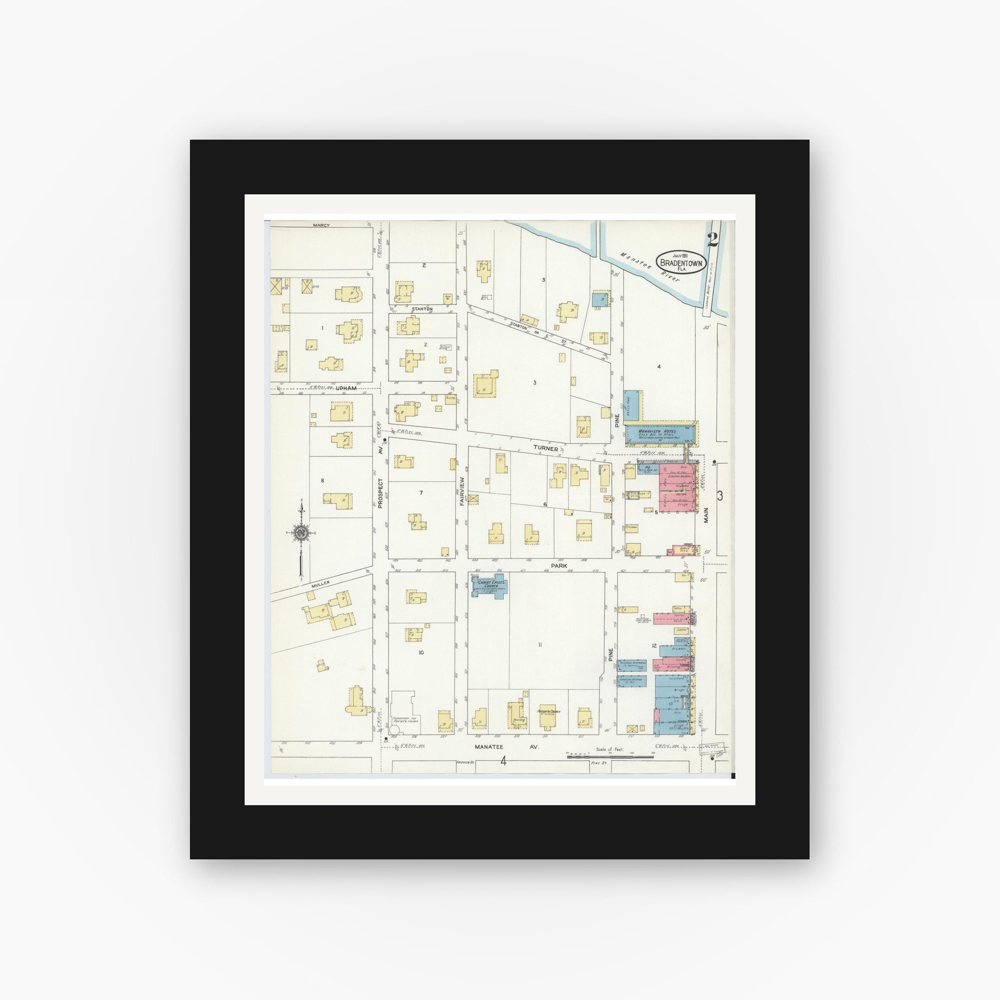 Old map wall art mockup — black gallery frame with white mat — Sanborn Fire Insurance Map from Bradentown, Manatee County, Florida (1911), Sheet #0002
