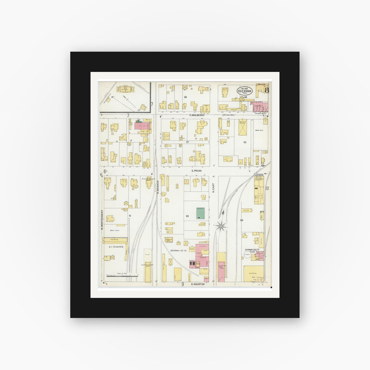 Old map wall art mockup — black gallery frame with white mat — Sanborn Fire Insurance Map from Sherman, Grayson County, Texas (1902), Sheet #0008