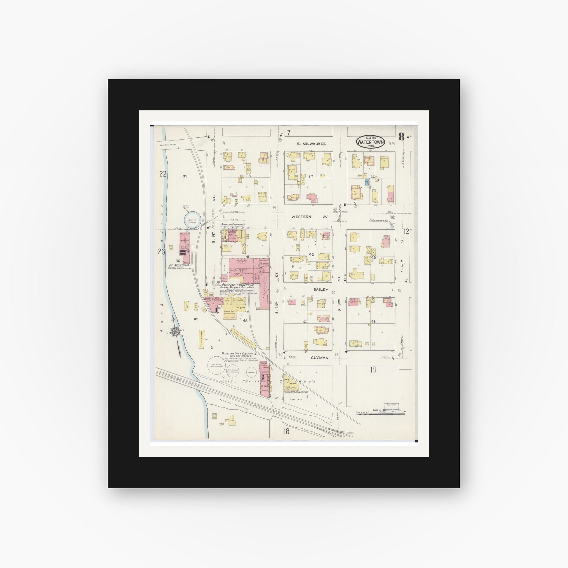 Old map wall art mockup — black gallery frame with white mat — Sanborn Fire Insurance Map from Watertown, Jefferson County, Wisconsin (1915), Sheet #0009