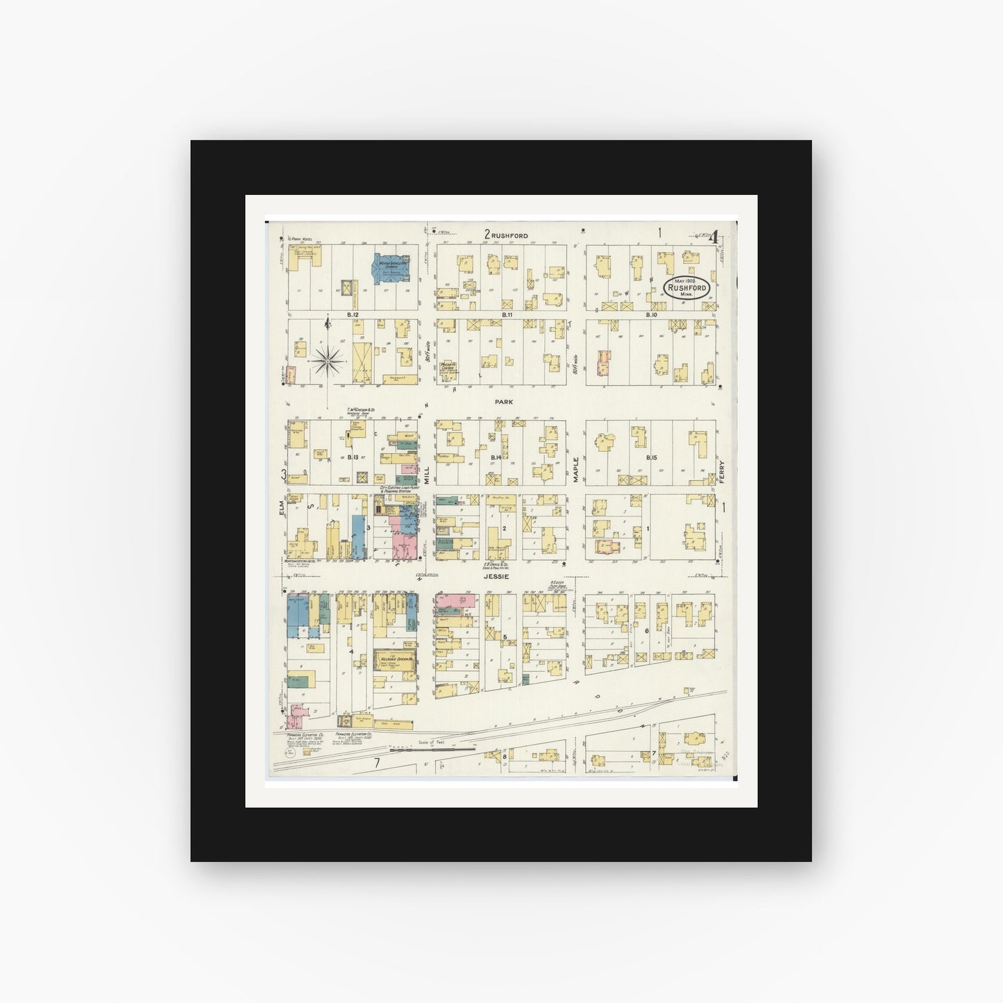 Old map wall art mockup — black gallery frame with white mat — Sanborn Fire Insurance Map from Rushford, Fillmore County, Minnesota (1909), Sheet #0004