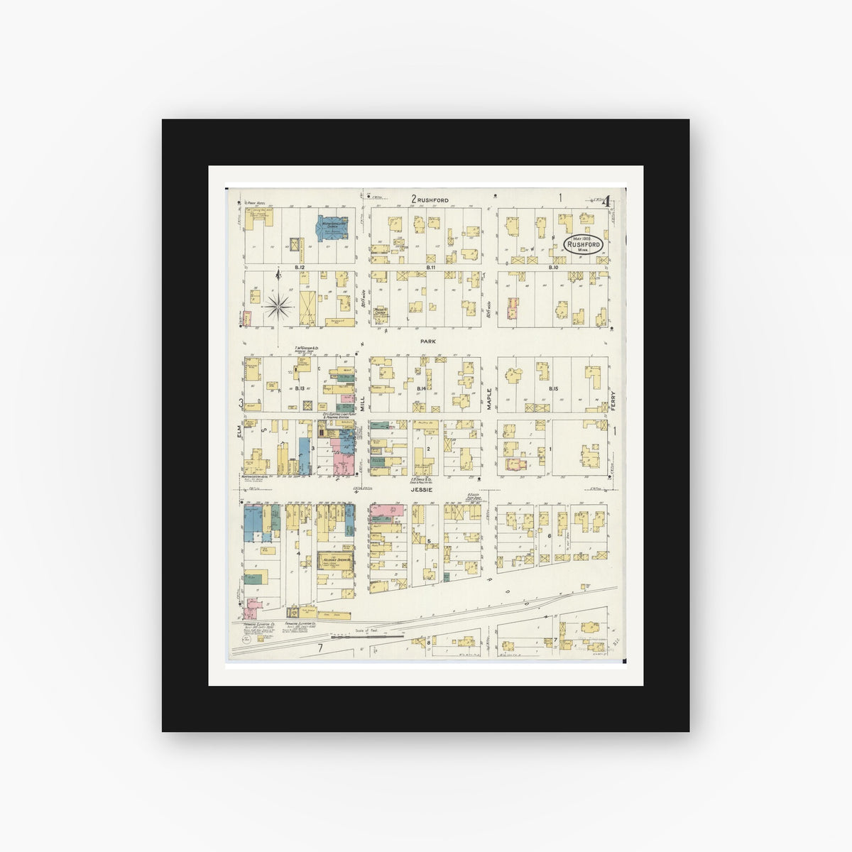 Old map wall art mockup — black gallery frame with white mat — Sanborn Fire Insurance Map from Rushford, Fillmore County, Minnesota (1909), Sheet #0004