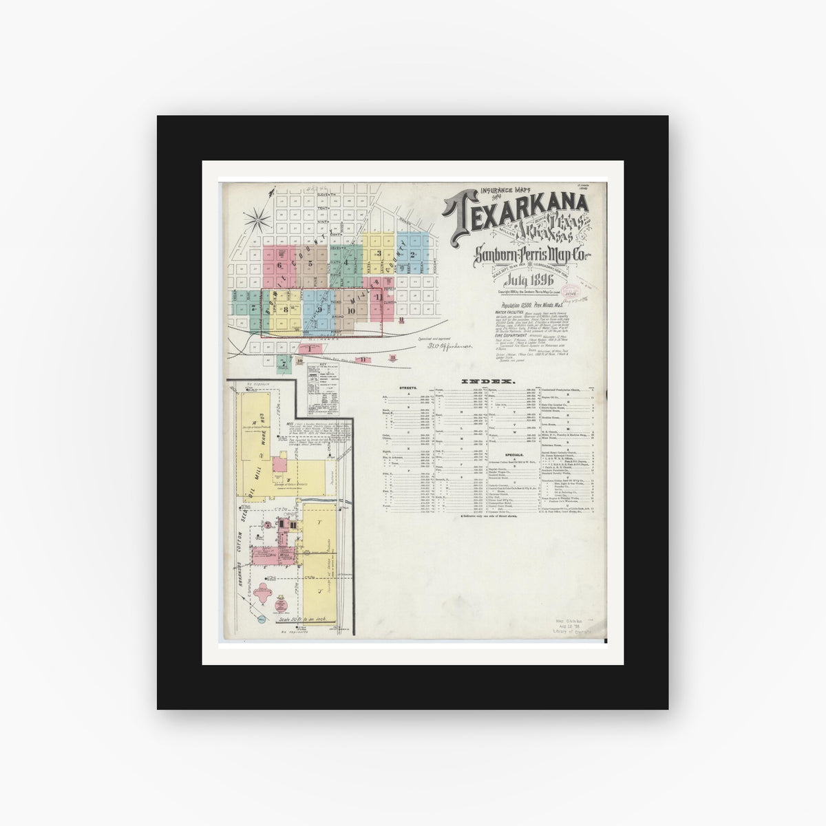 Old map wall art mockup — black gallery frame with white mat — Sanborn Fire Insurance Map from Texarkana, Bowie County, Texas (1896) - Complete Map Set