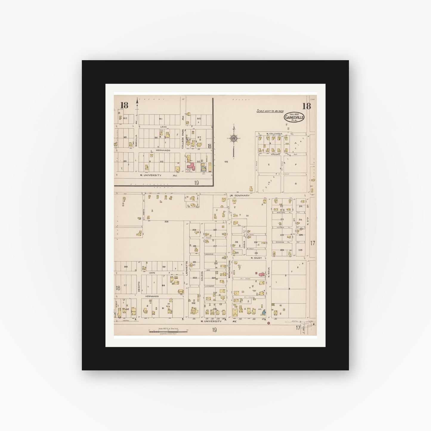 Old map wall art mockup — black gallery frame with white mat — Sanborn Fire Insurance Map from Gainesville, Alachua County, Florida (1922), Sheet #0018