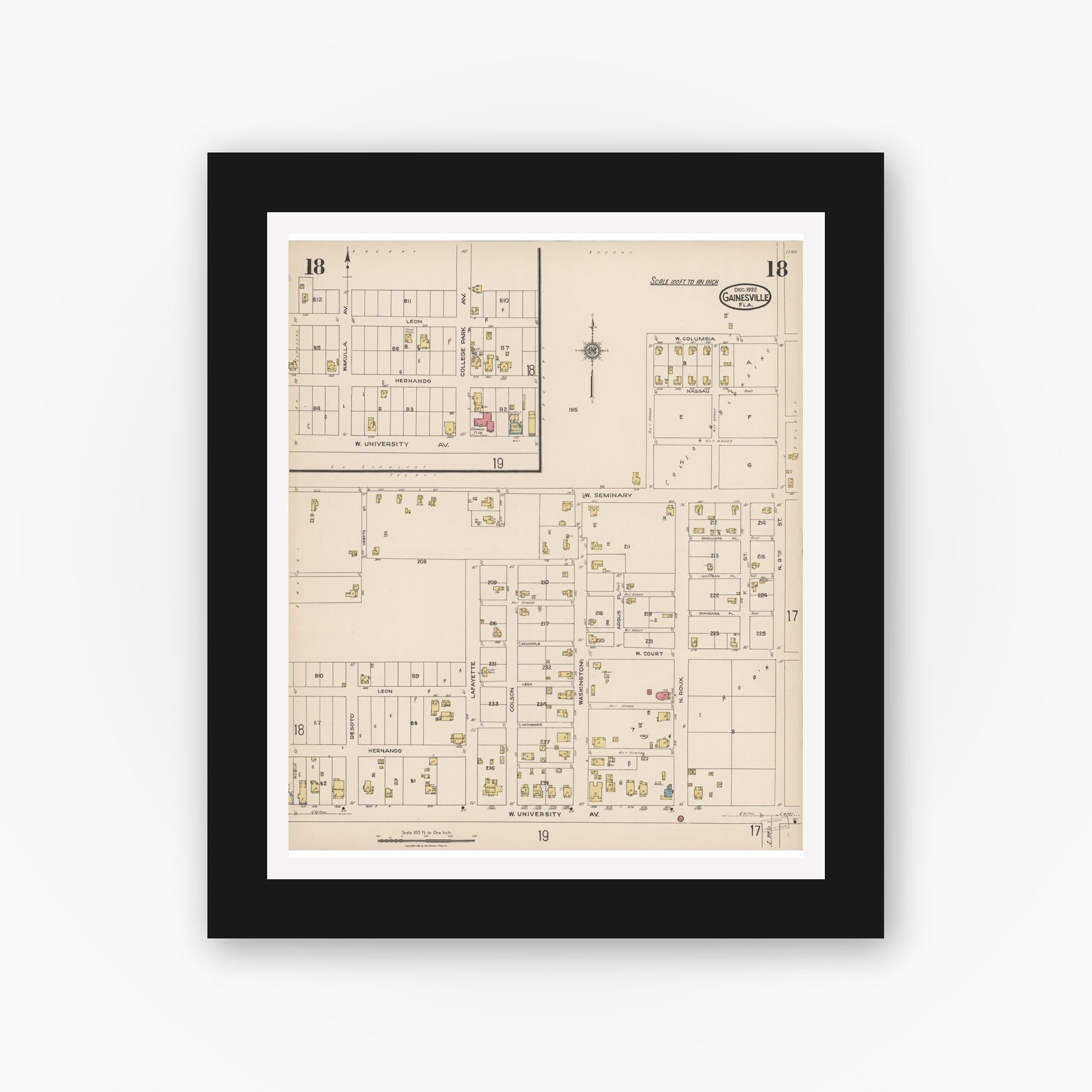 Old map wall art mockup — black gallery frame with white mat — Sanborn Fire Insurance Map from Gainesville, Alachua County, Florida (1922), Sheet #0018