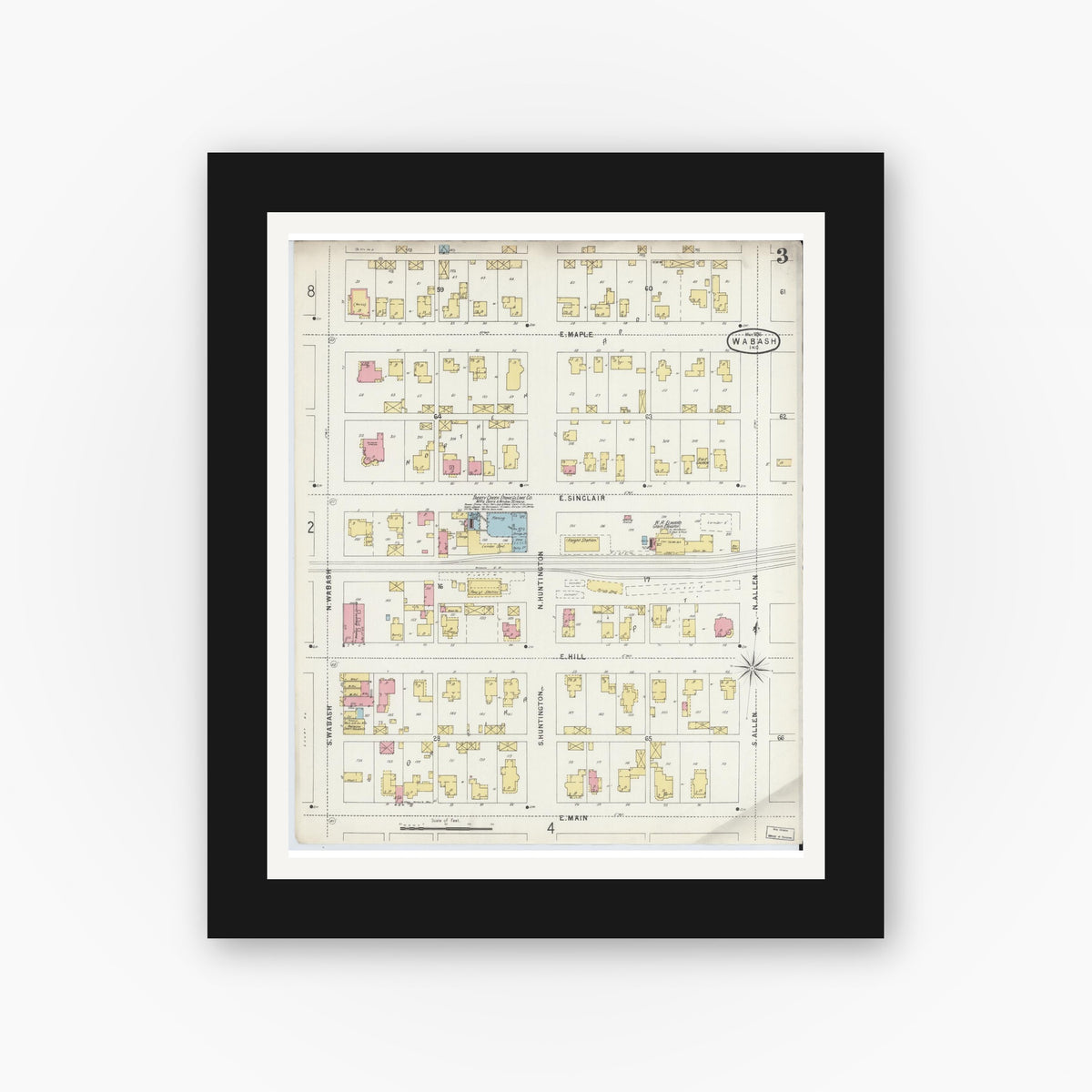 Old map wall art mockup — black gallery frame with white mat — Sanborn Fire Insurance Map from Wabash, Wabash County, Indiana (1896), Sheet #0003