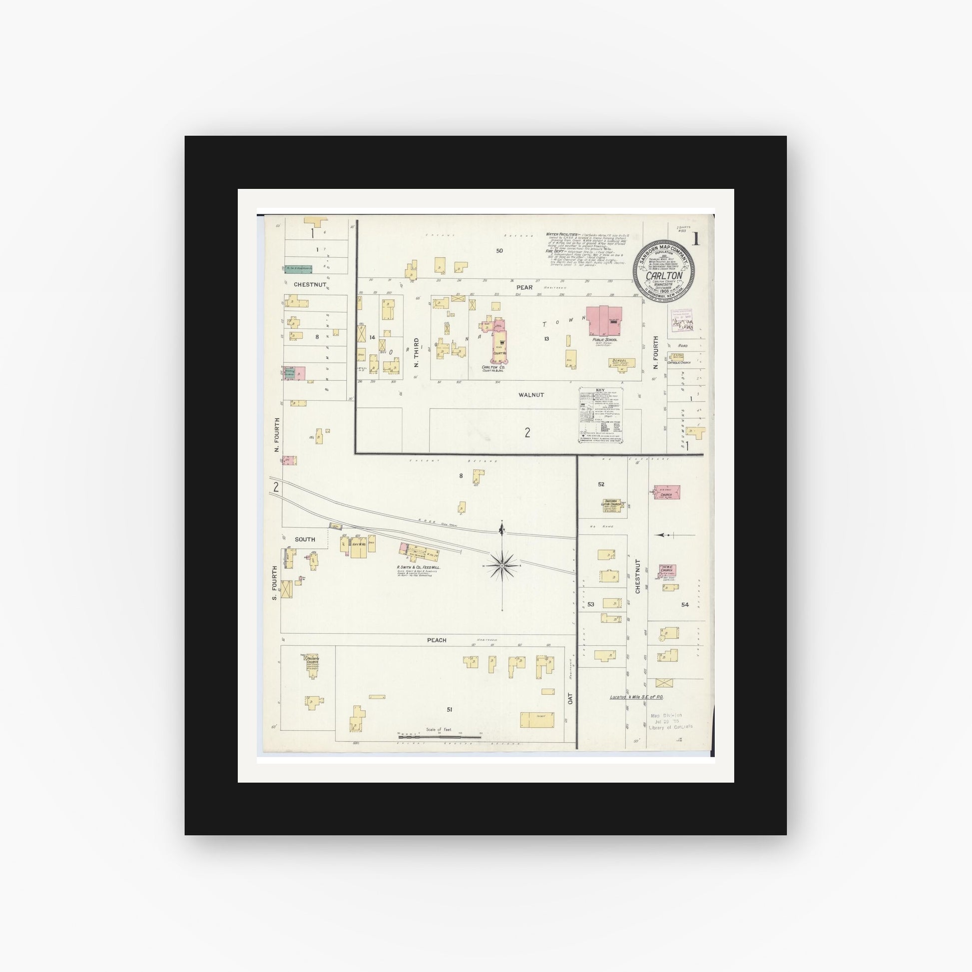 Old map wall art mockup — black gallery frame with white mat — Sanborn Fire Insurance Map from Carlton, Carlton County, Minnesota (1908) - Complete Map Set