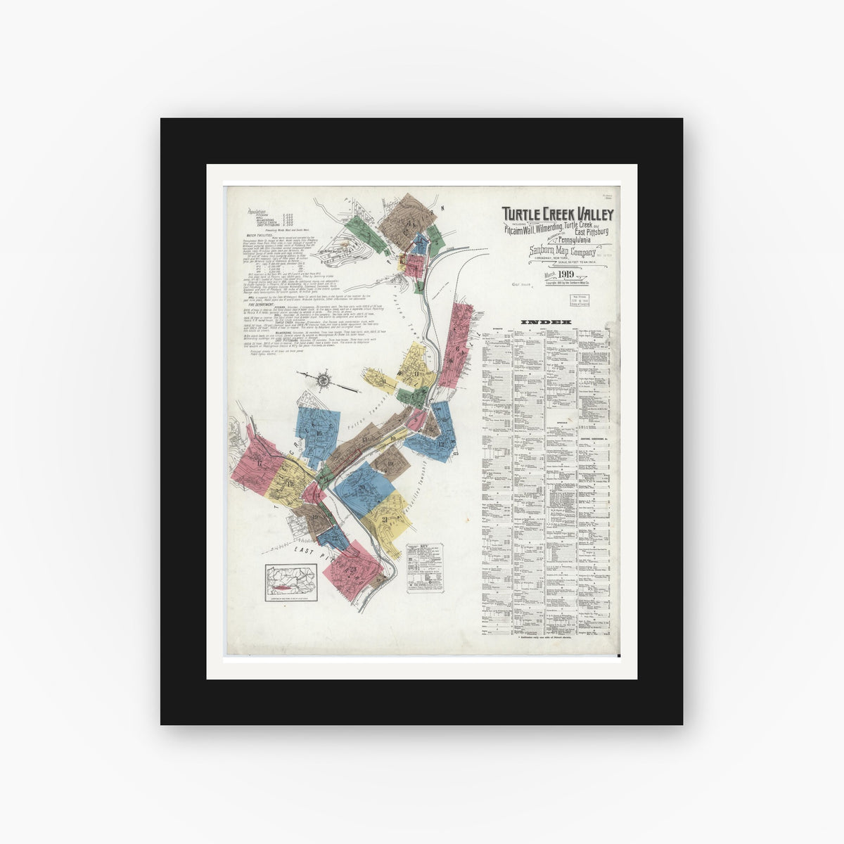 Old map wall art mockup — black gallery frame with white mat — Sanborn Fire Insurance Map from Turtle Creek Valley, Allegheny County, Pennsylvania (1919) - Complete Map Set