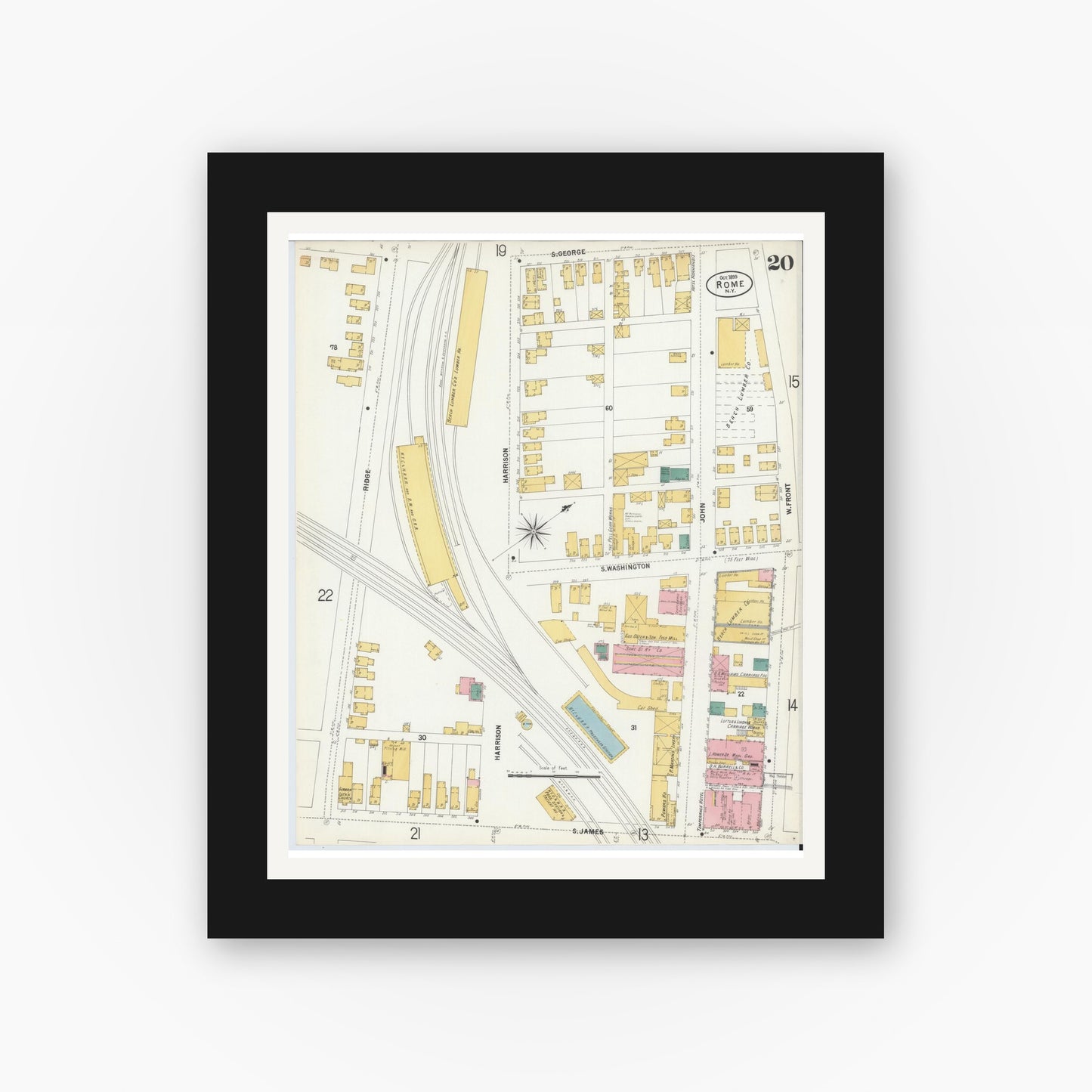 Old map wall art mockup — black gallery frame with white mat — Sanborn Fire Insurance Map from Rome, Oneida County, New York (1899), Sheet #0020