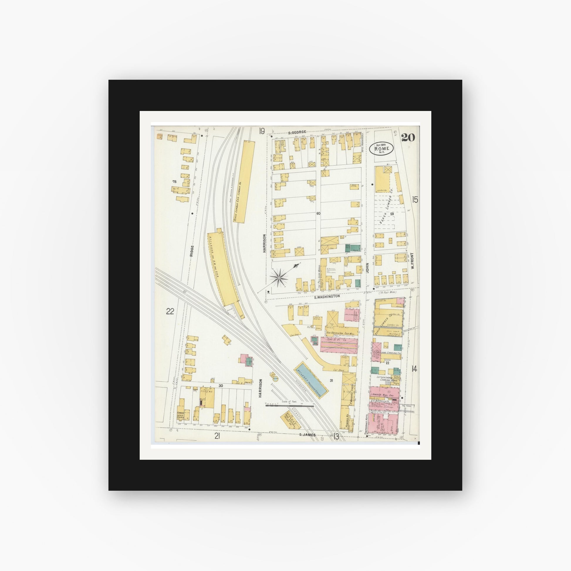Old map wall art mockup — black gallery frame with white mat — Sanborn Fire Insurance Map from Rome, Oneida County, New York (1899), Sheet #0020