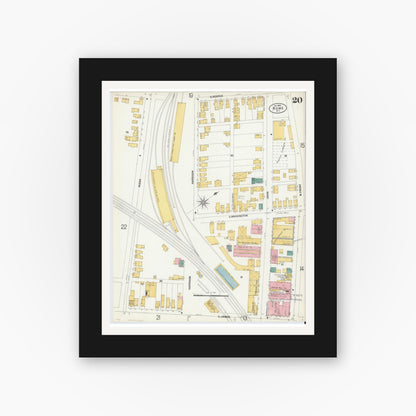 Old map wall art mockup — black gallery frame with white mat — Sanborn Fire Insurance Map from Rome, Oneida County, New York (1899), Sheet #0020