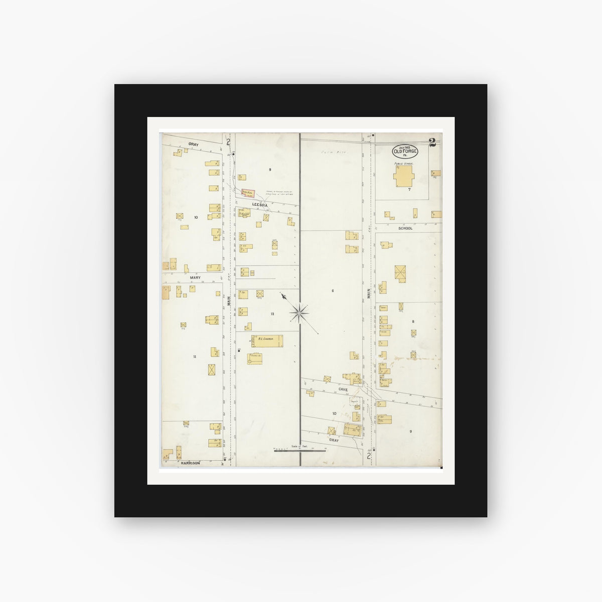 Old map wall art mockup — black gallery frame with white mat — Sanborn Fire Insurance Map from Old Forge, Luzerne County, Pennsylvania (1903), Sheet #0002