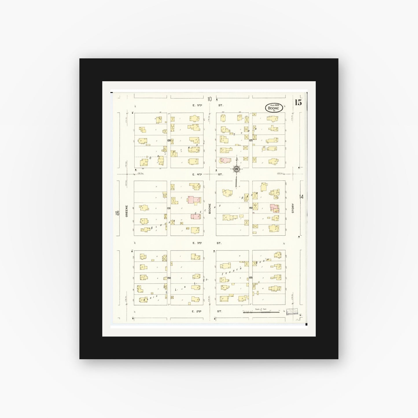 Old map wall art mockup — black gallery frame with white mat — Sanborn Fire Insurance Map from Boone, Boone County, Iowa (1909), Sheet #0015