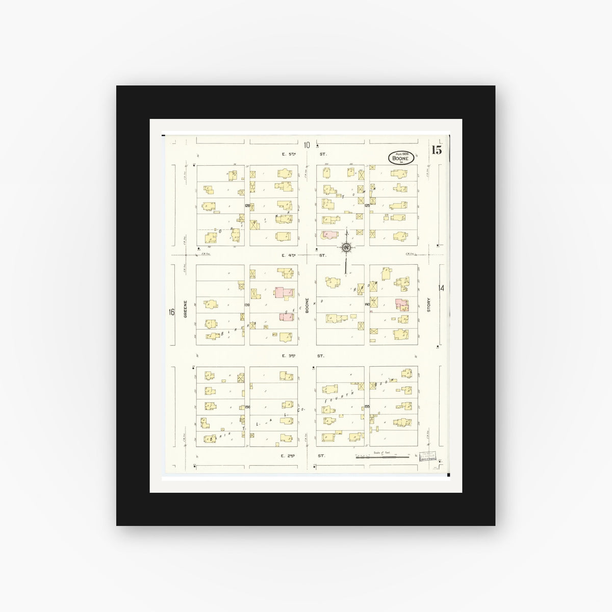 Old map wall art mockup — black gallery frame with white mat — Sanborn Fire Insurance Map from Boone, Boone County, Iowa (1909), Sheet #0015